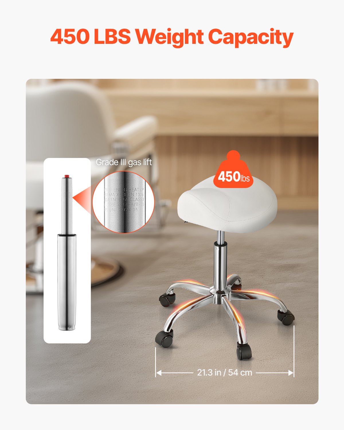 Ergonomic White Saddle Stool with Wheels - 450 lbs Capacity, Height Adjustable Swivel Chair for Salon, Spa, Massage, Tattoo, Clinic