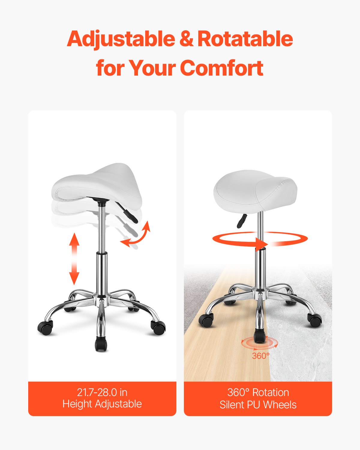 Ergonomic White Saddle Stool with Wheels - 450 lbs Capacity, Height Adjustable Swivel Chair for Salon, Spa, Massage, Tattoo, Clinic