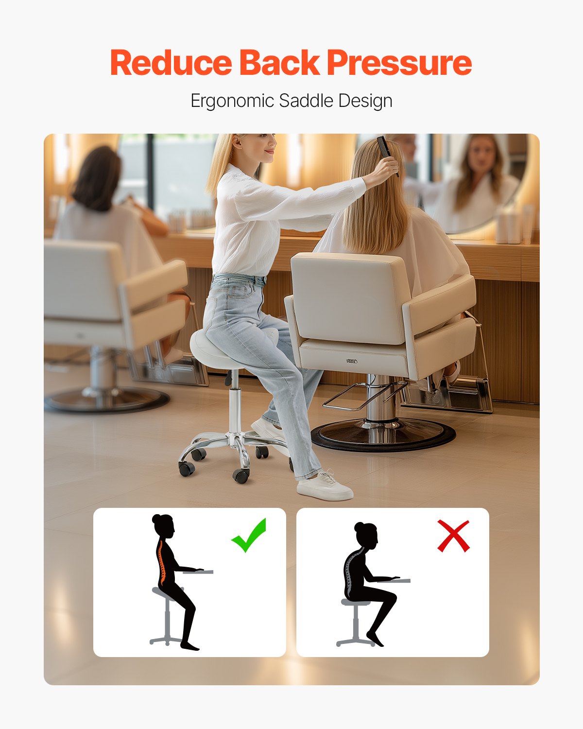 Ergonomic White Saddle Stool with Wheels - 450 lbs Capacity, Height Adjustable Swivel Chair for Salon, Spa, Massage, Tattoo, Clinic
