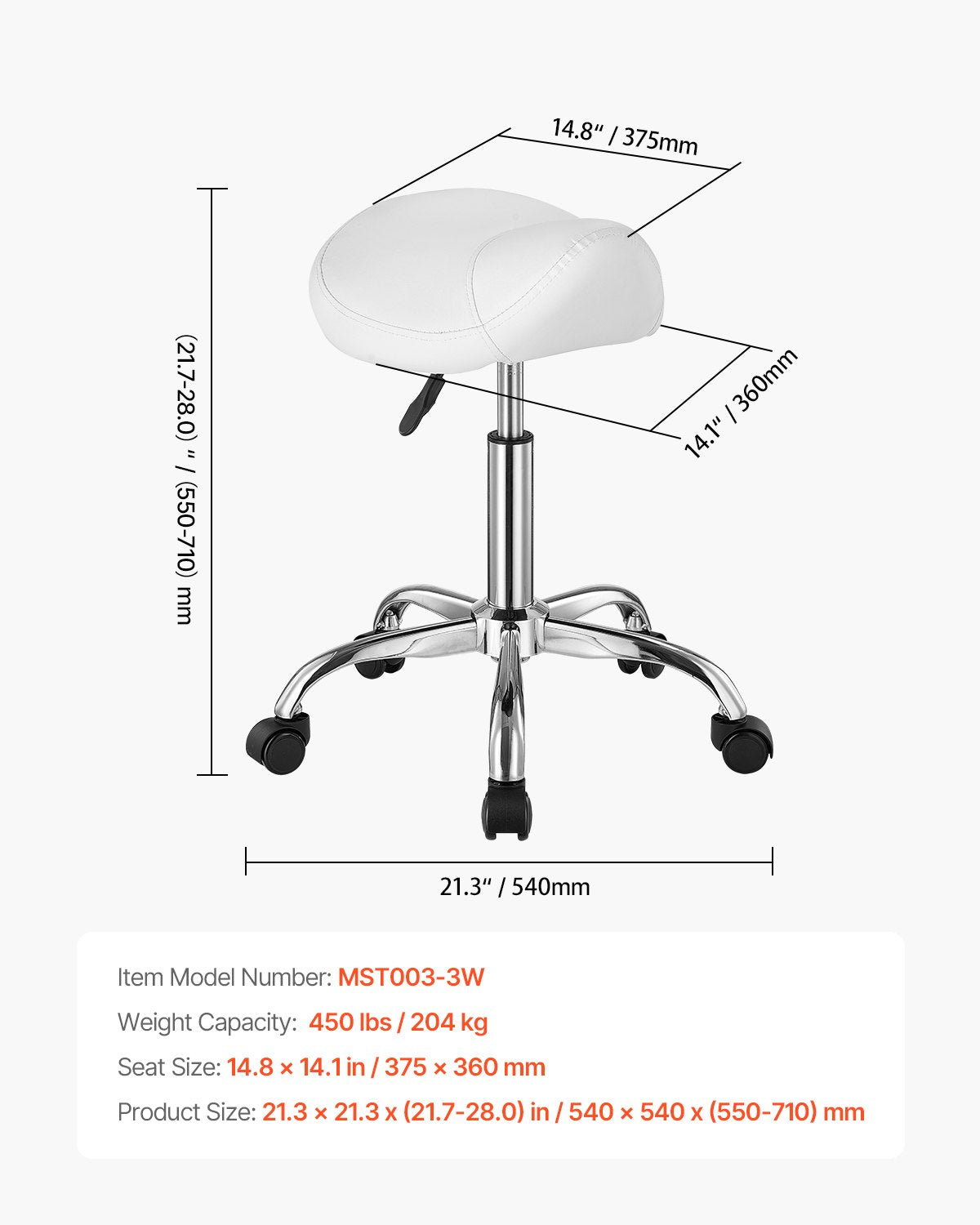 Ergonomic White Saddle Stool with Wheels - 450 lbs Capacity, Height Adjustable Swivel Chair for Salon, Spa, Massage, Tattoo, Clinic
