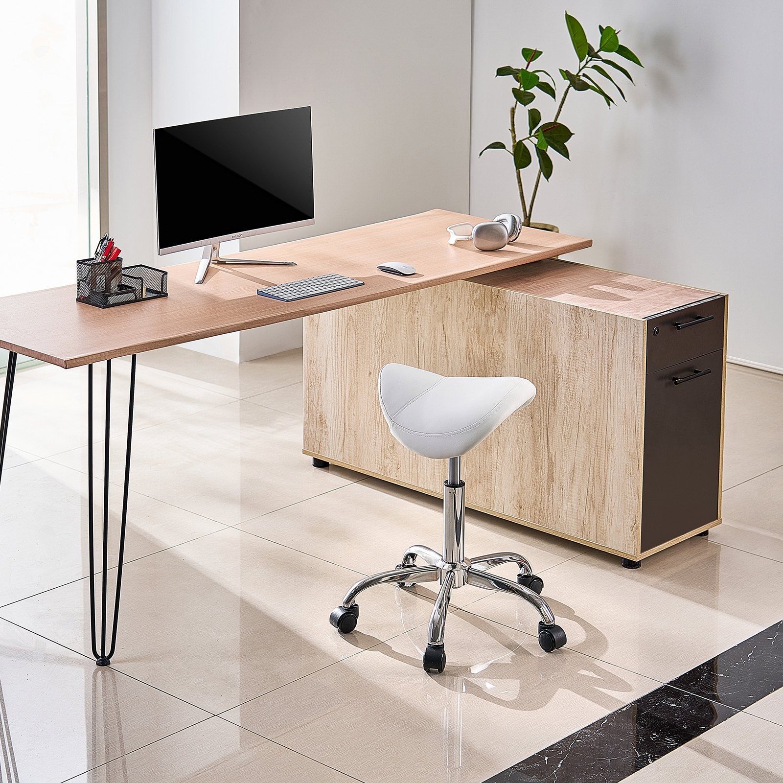 Ergonomic White Saddle Stool with Wheels - 450 lbs Capacity, Height Adjustable Swivel Chair for Salon, Spa, Massage, Tattoo, Clinic