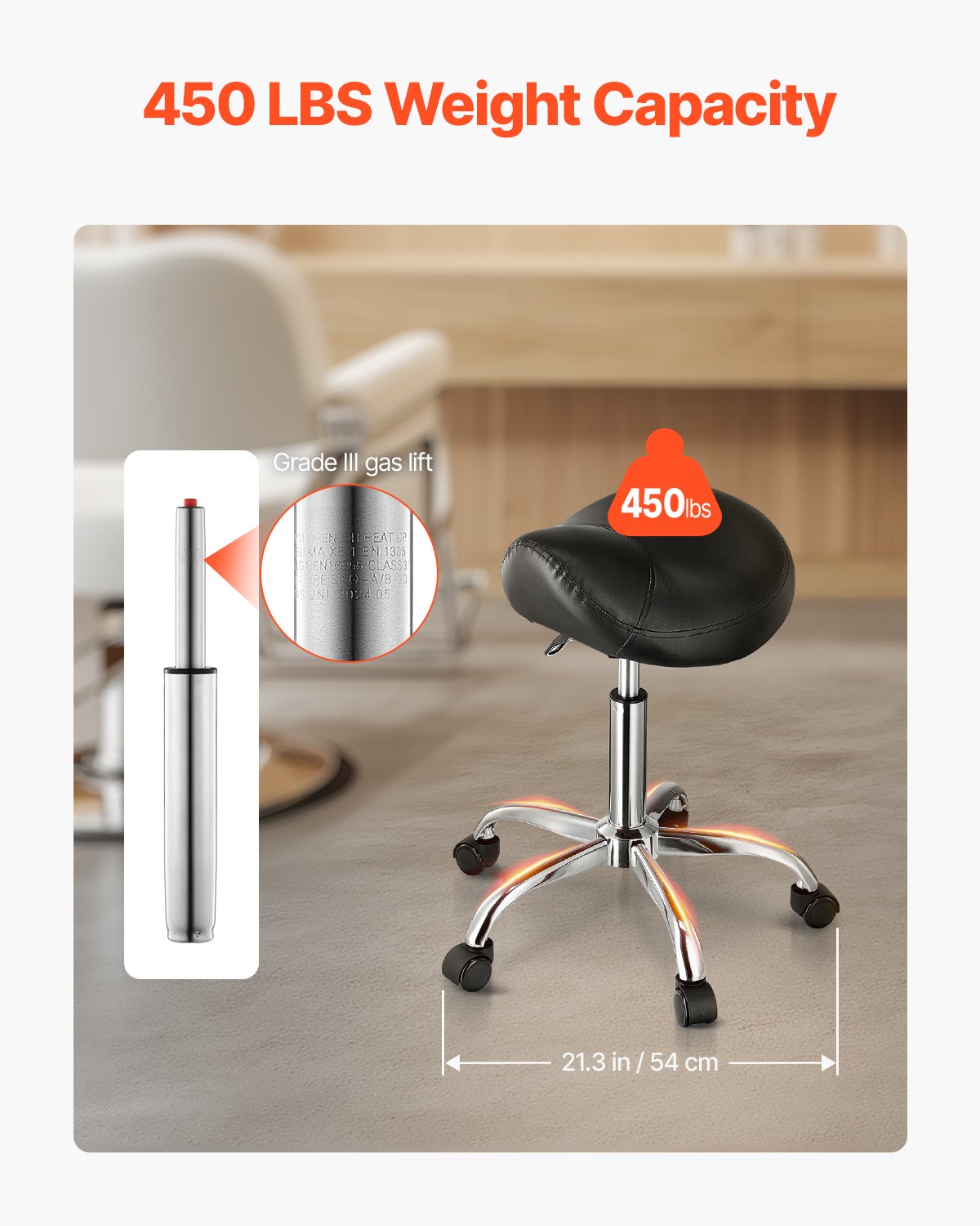 Ergonomic Saddle Stool with Wheels, 450 LBS Capacity, Adjustable PU Leather Swivel Chair for Salon, Spa, Massage, Clinic, Tattoo Use