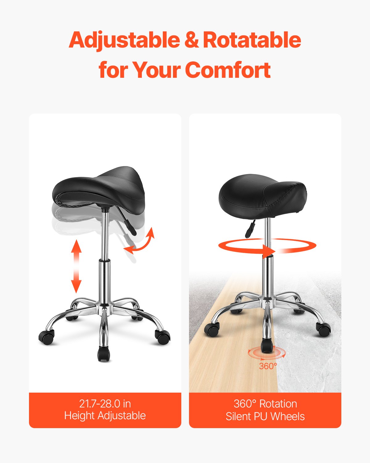 Ergonomic Saddle Stool with Wheels, 450 LBS Capacity, Adjustable PU Leather Swivel Chair for Salon, Spa, Massage, Clinic, Tattoo Use