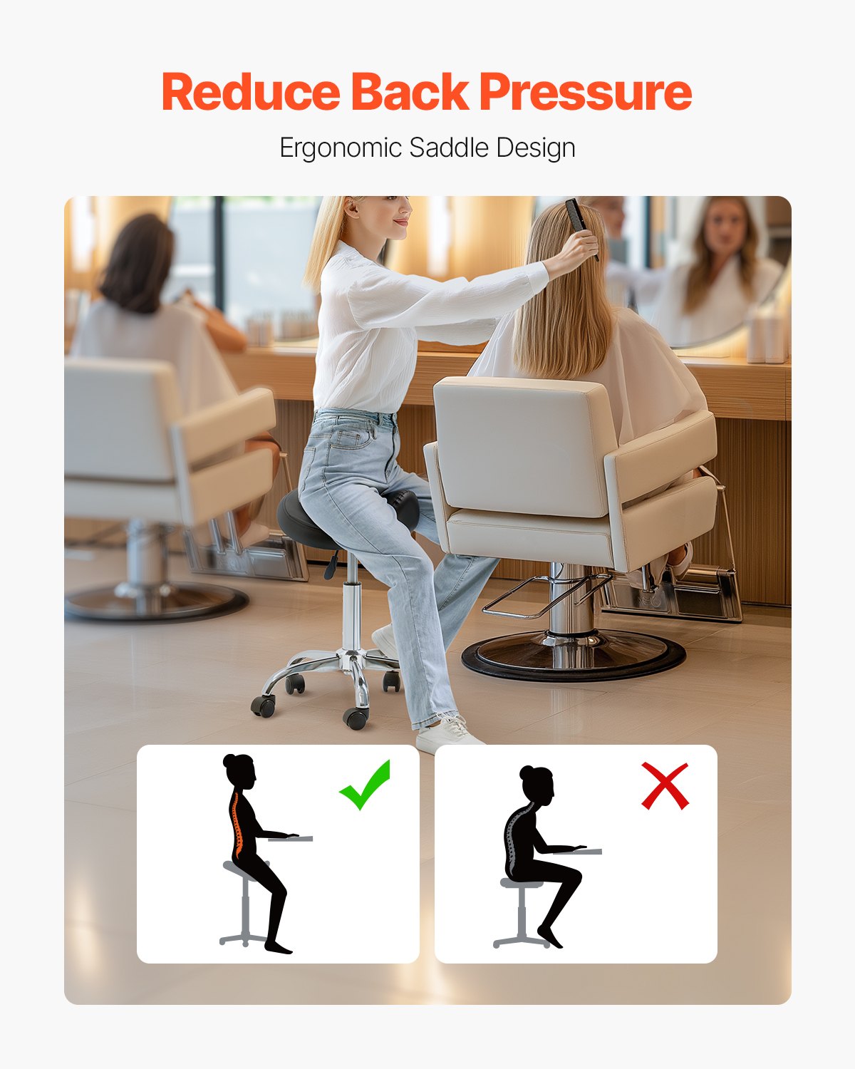 Ergonomic Saddle Stool with Wheels, 450 LBS Capacity, Adjustable PU Leather Swivel Chair for Salon, Spa, Massage, Clinic, Tattoo Use