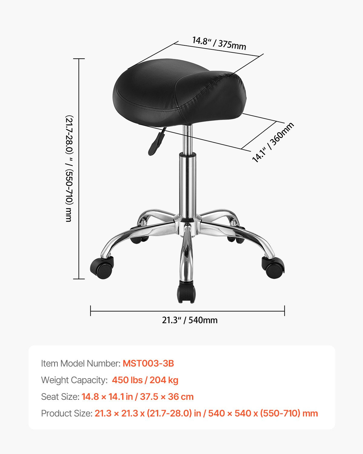 Ergonomic Saddle Stool with Wheels, 450 LBS Capacity, Adjustable PU Leather Swivel Chair for Salon, Spa, Massage, Clinic, Tattoo Use