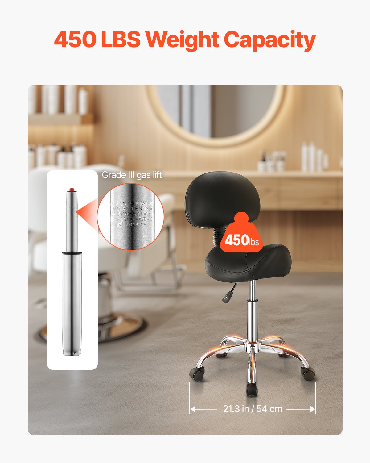 Ergonomic Saddle Stool with Backrest and Wheels, 450 LBS Capacity, Adjustable PU Leather Swivel Chair for Salon, Spa, Tattoo, Massage