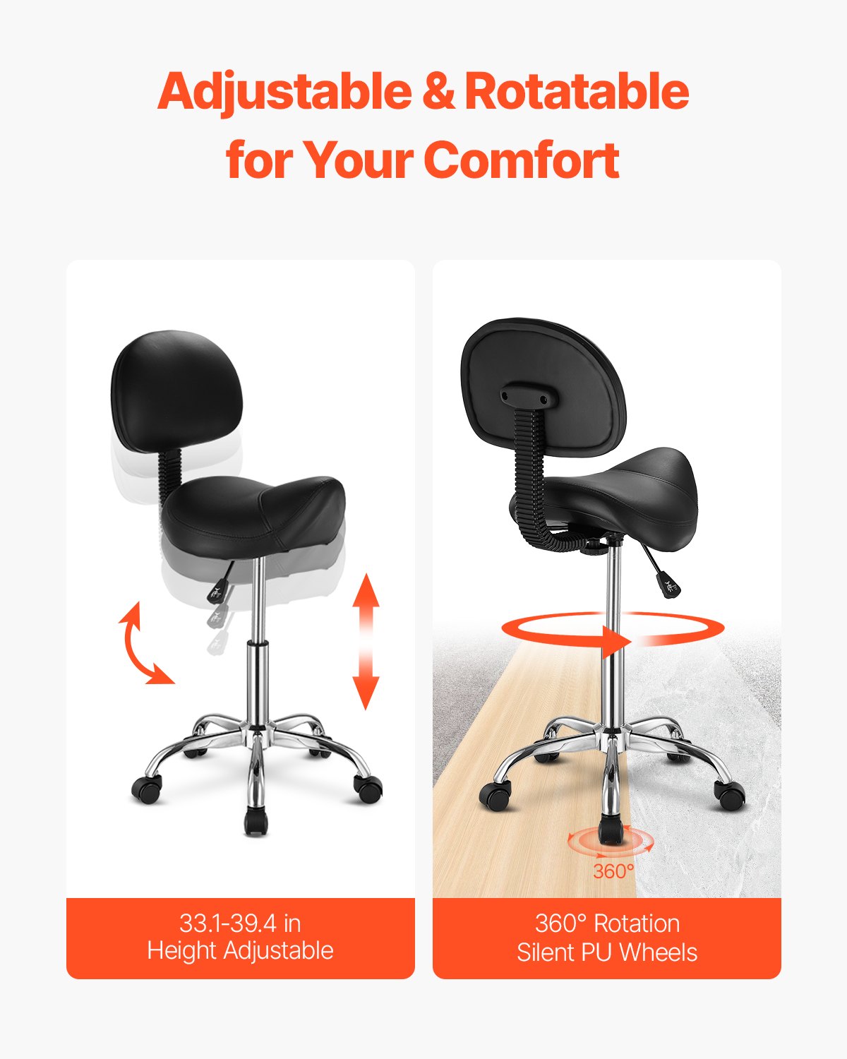 Ergonomic Saddle Stool with Backrest and Wheels, 450 LBS Capacity, Adjustable PU Leather Swivel Chair for Salon, Spa, Tattoo, Massage