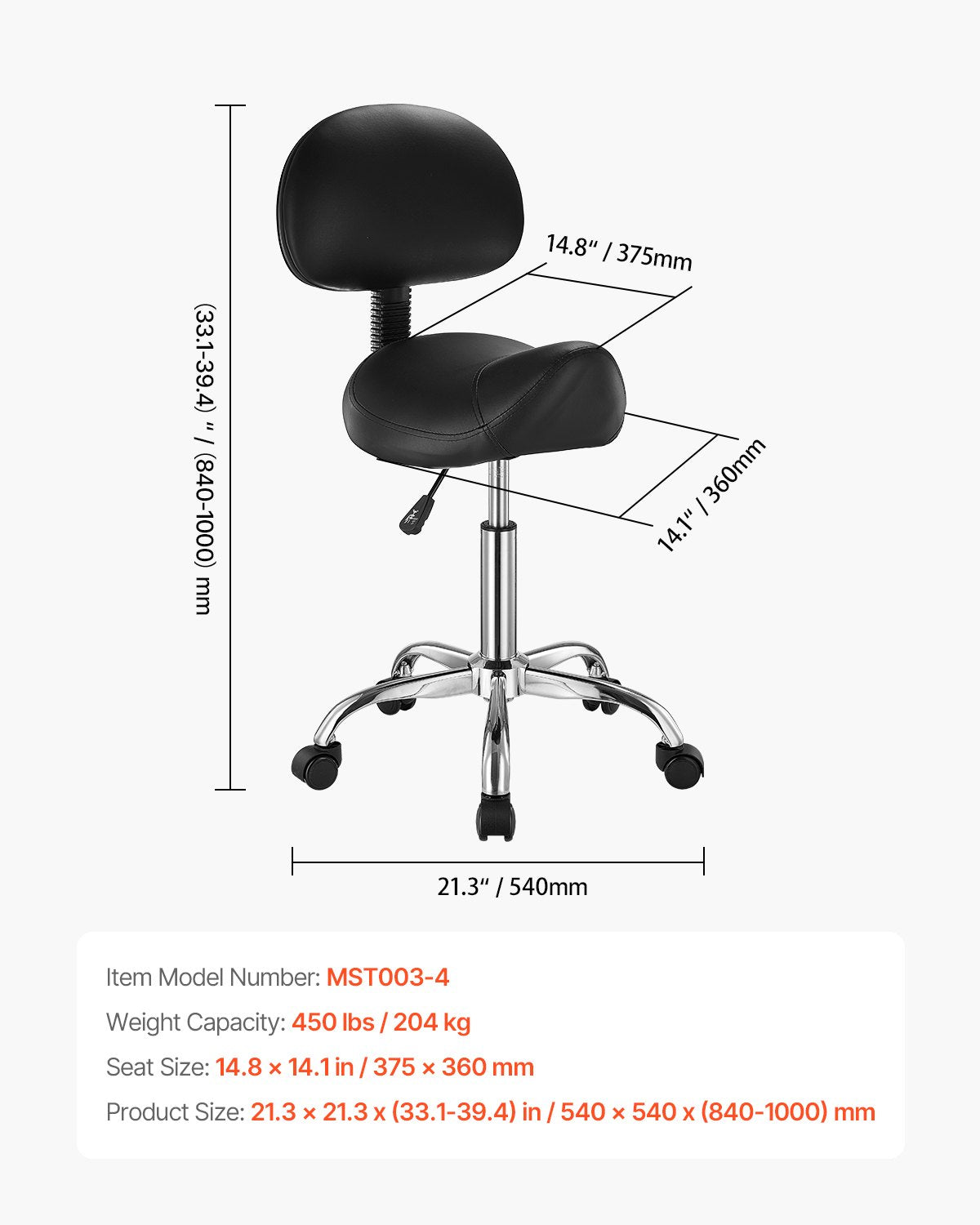 Ergonomic Saddle Stool with Backrest and Wheels, 450 LBS Capacity, Adjustable PU Leather Swivel Chair for Salon, Spa, Tattoo, Massage