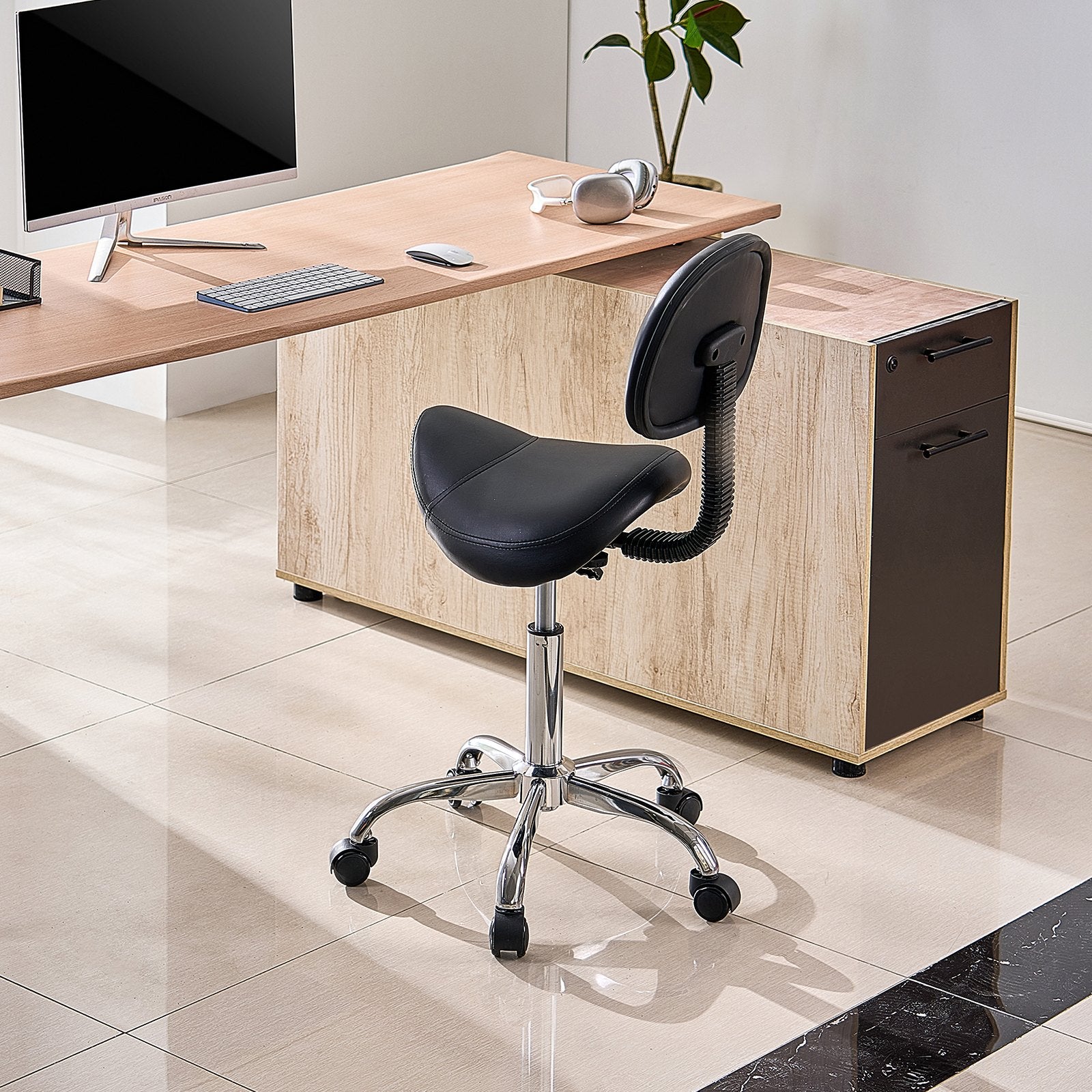 Ergonomic Saddle Stool with Backrest and Wheels, 450 LBS Capacity, Adjustable PU Leather Swivel Chair for Salon, Spa, Tattoo, Massage
