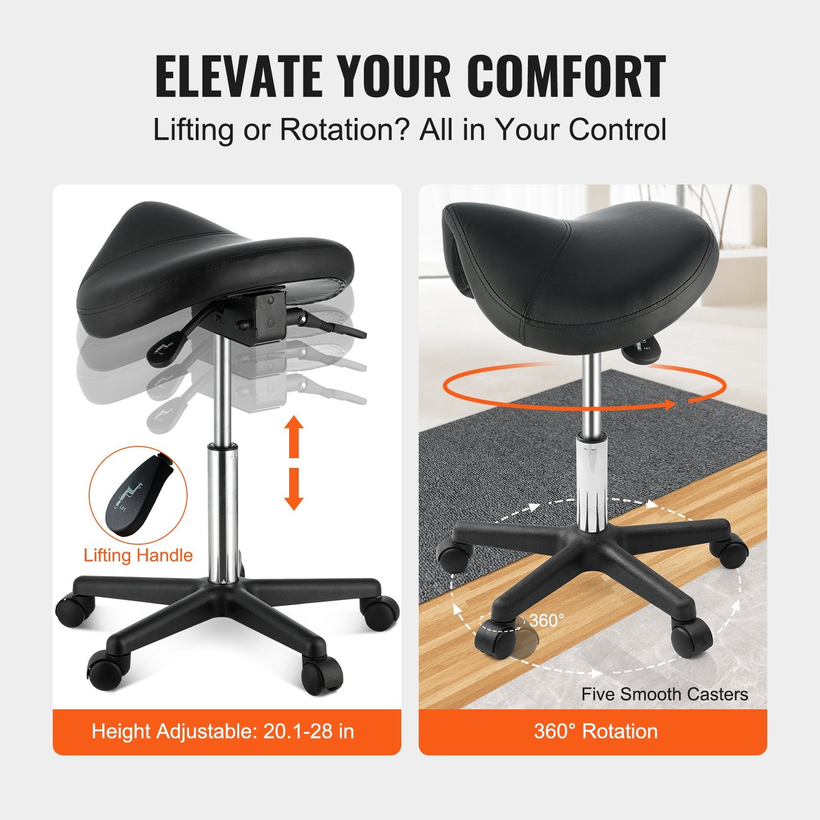 Ergonomic Saddle Stool with Wheels, 400 LBS Capacity, Adjustable PU Leather Swivel Chair for Salon, Spa, Tattoo, Clinic, Black