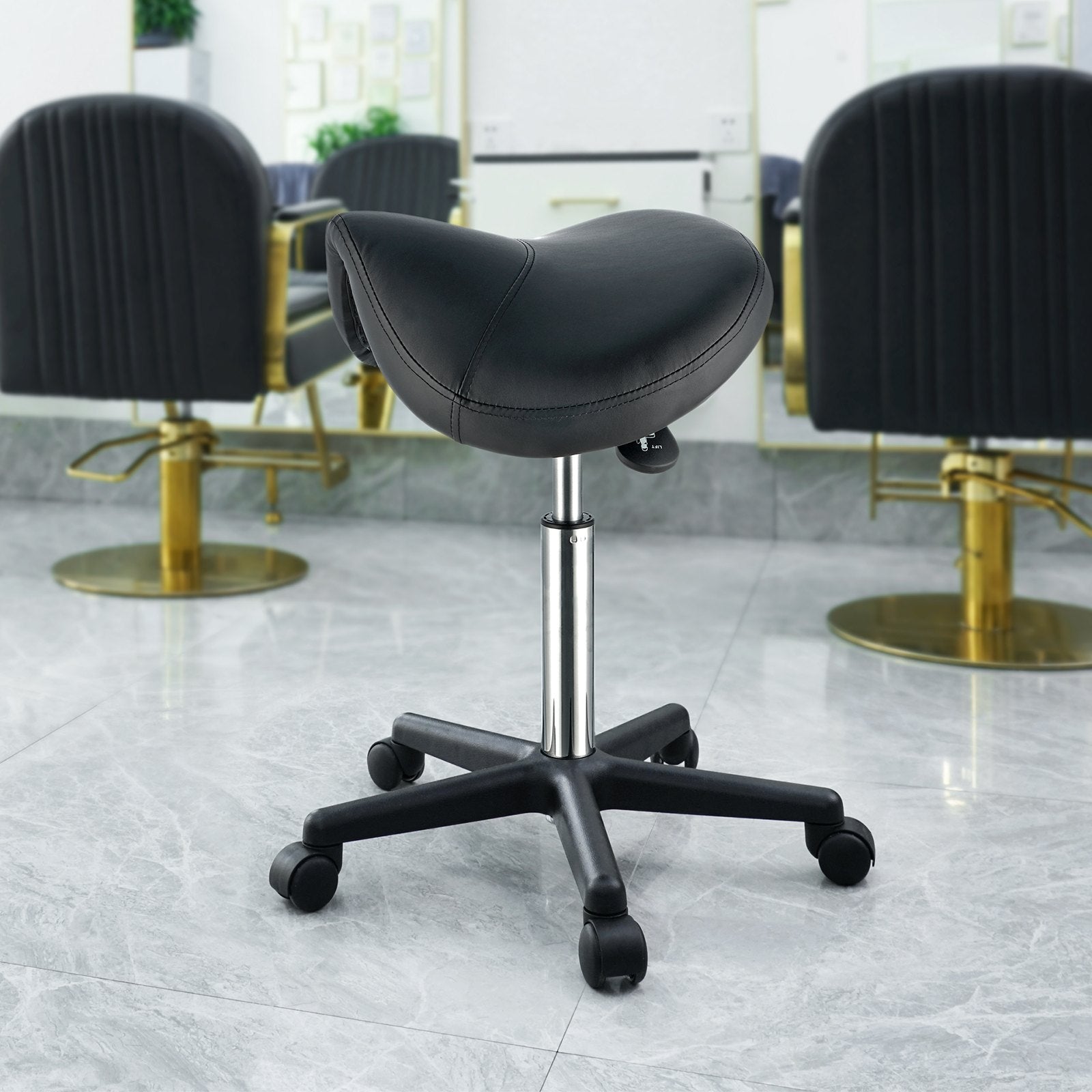 Ergonomic Saddle Stool with Wheels, 400 LBS Capacity, Adjustable PU Leather Swivel Chair for Salon, Spa, Tattoo, Clinic, Black