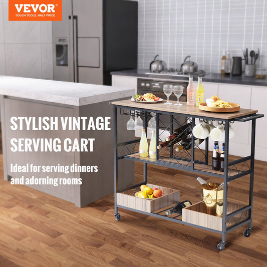 Industrial 3-Tier Bar Cart with Lockable Wheels - Mobile Beverage Station with Wine Rack, Glass Holder, and Removable Tray for Kitchen/Dining Room, 300 LBS Capacity