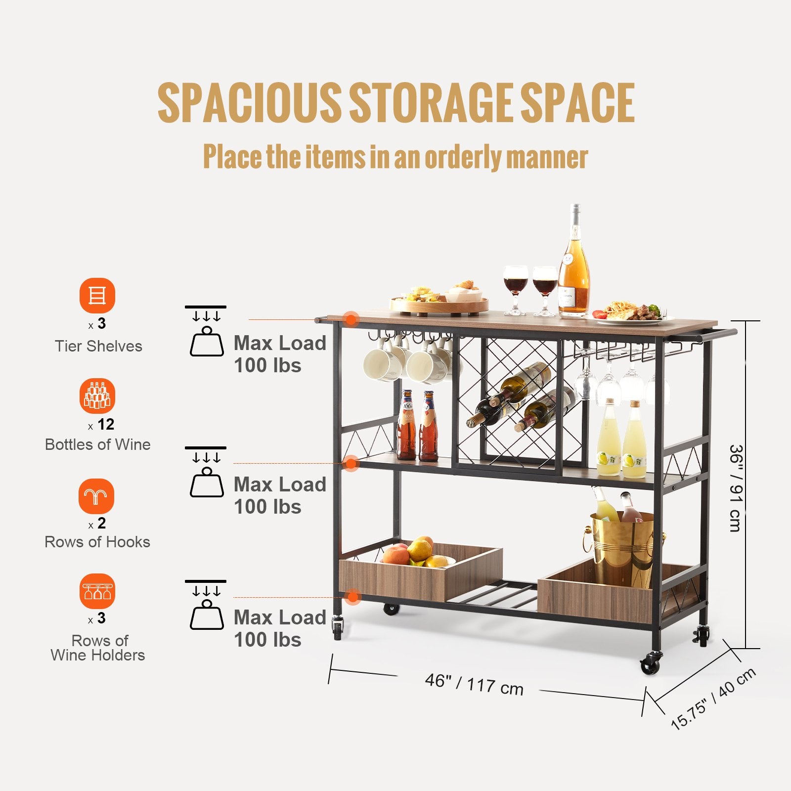 Industrial 3-Tier Bar Cart with Lockable Wheels - Mobile Beverage Station with Wine Rack, Glass Holder, and Removable Tray for Kitchen/Dining Room, 300 LBS Capacity