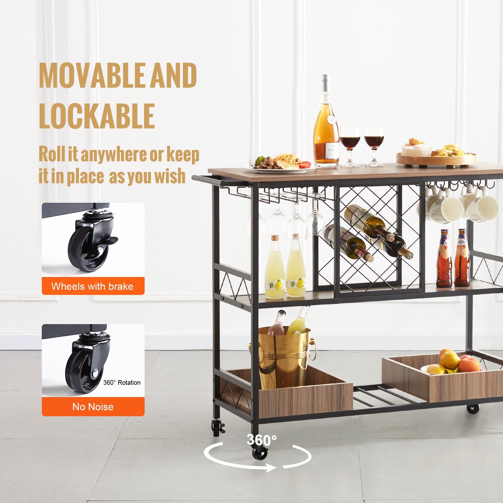 Industrial 3-Tier Bar Cart with Lockable Wheels - Mobile Beverage Station with Wine Rack, Glass Holder, and Removable Tray for Kitchen/Dining Room, 300 LBS Capacity