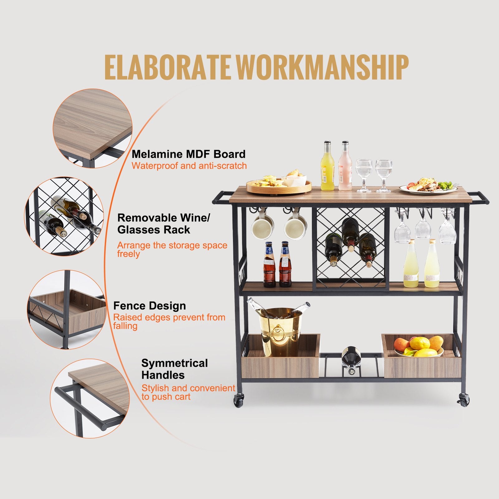 Industrial 3-Tier Bar Cart with Lockable Wheels - Mobile Beverage Station with Wine Rack, Glass Holder, and Removable Tray for Kitchen/Dining Room, 300 LBS Capacity