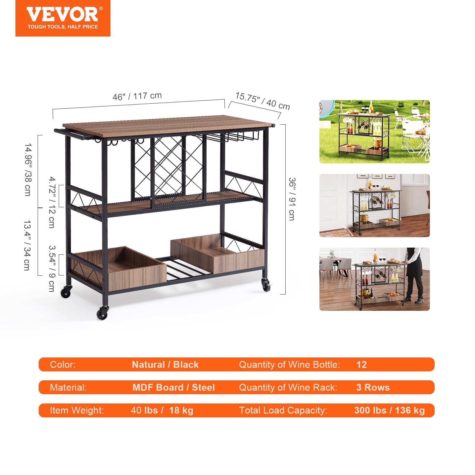 Industrial 3-Tier Bar Cart with Lockable Wheels - Mobile Beverage Station with Wine Rack, Glass Holder, and Removable Tray for Kitchen/Dining Room, 300 LBS Capacity