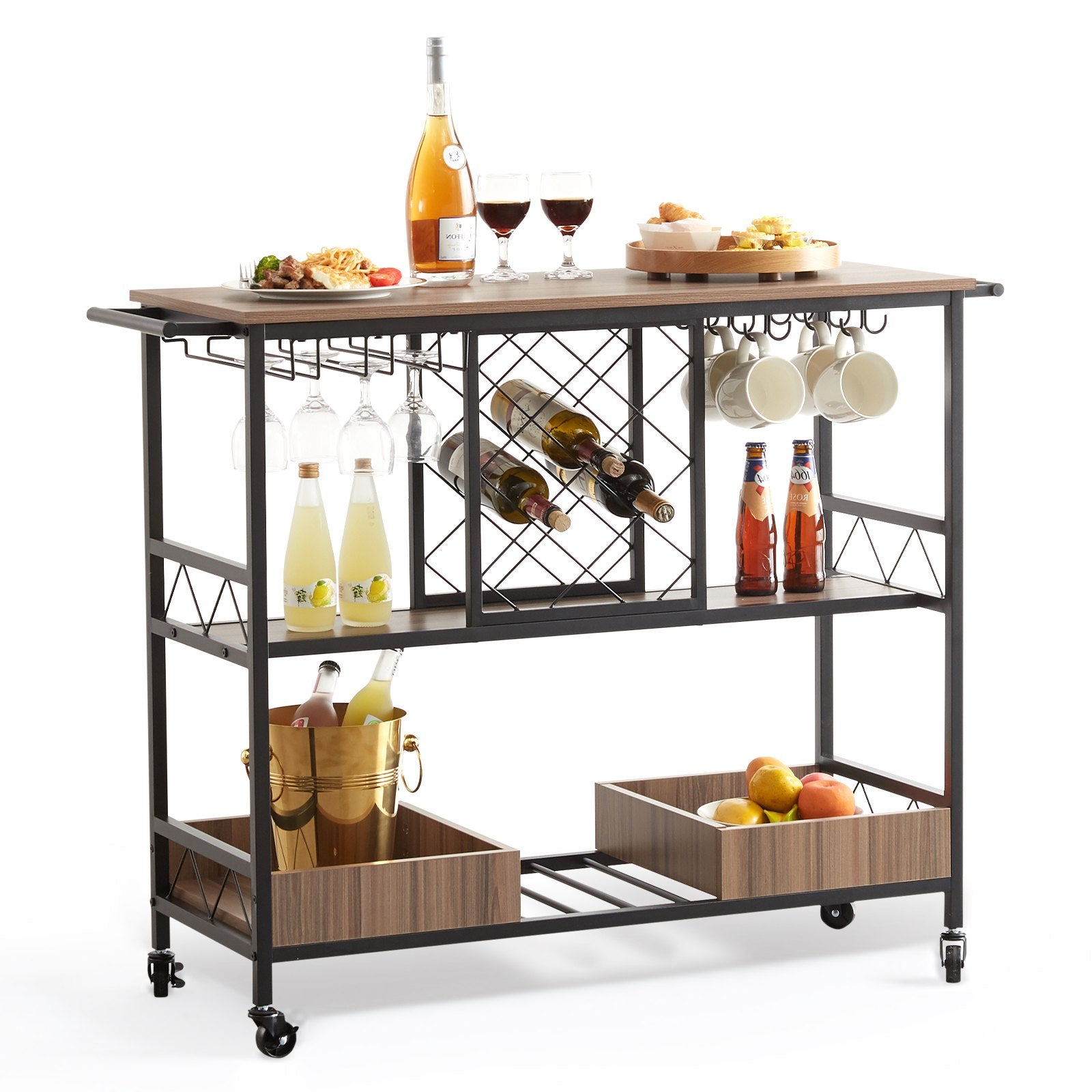 Industrial 3-Tier Bar Cart with Lockable Wheels - Mobile Beverage Station with Wine Rack, Glass Holder, and Removable Tray for Kitchen/Dining Room, 300 LBS Capacity