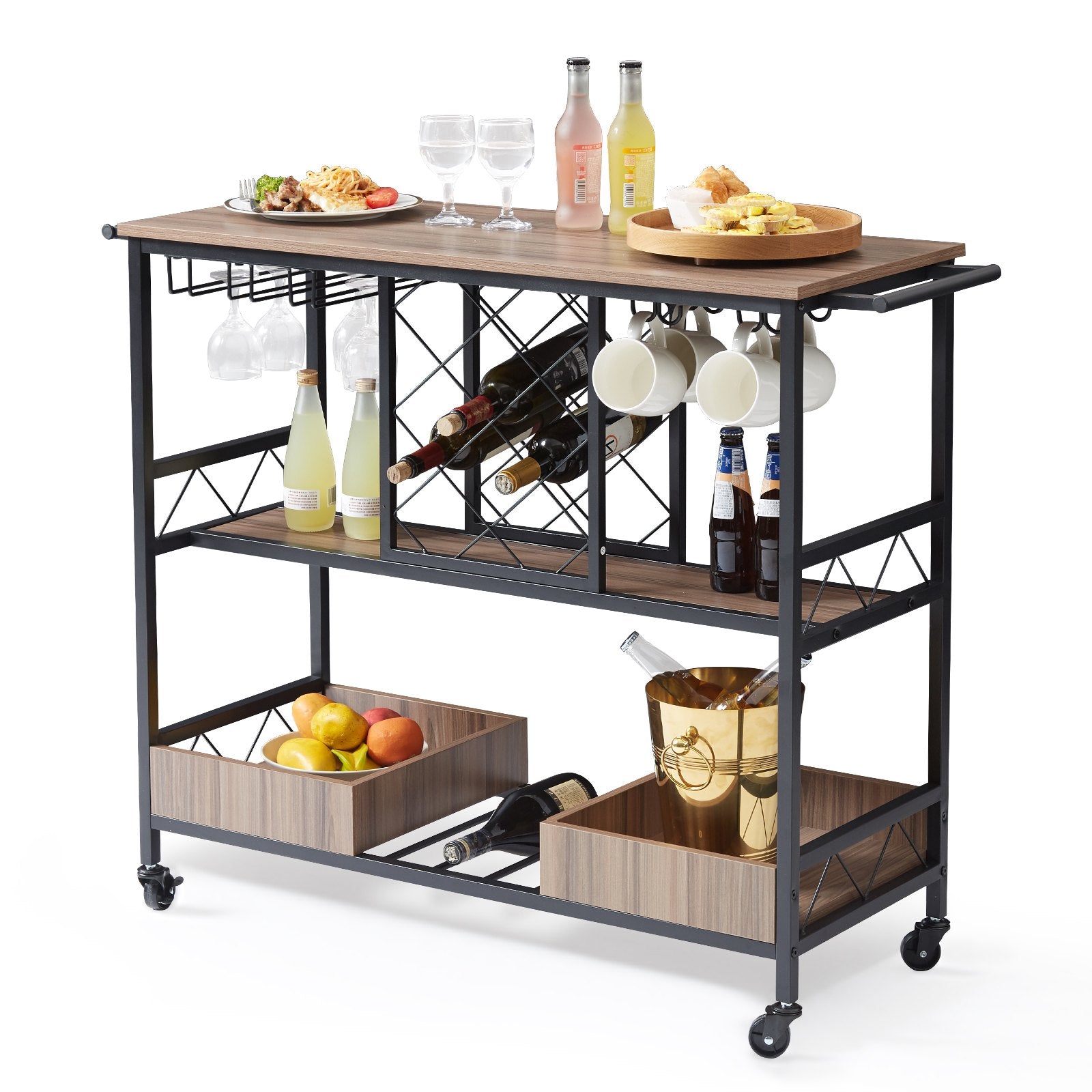 Industrial 3-Tier Bar Cart with Lockable Wheels - Mobile Beverage Station with Wine Rack, Glass Holder, and Removable Tray for Kitchen/Dining Room, 300 LBS Capacity