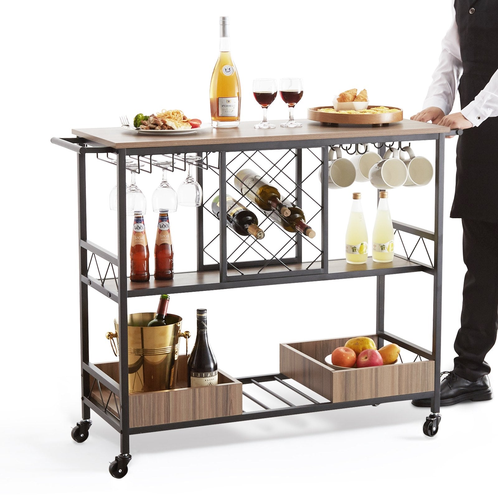 Industrial 3-Tier Bar Cart with Lockable Wheels - Mobile Beverage Station with Wine Rack, Glass Holder, and Removable Tray for Kitchen/Dining Room, 300 LBS Capacity