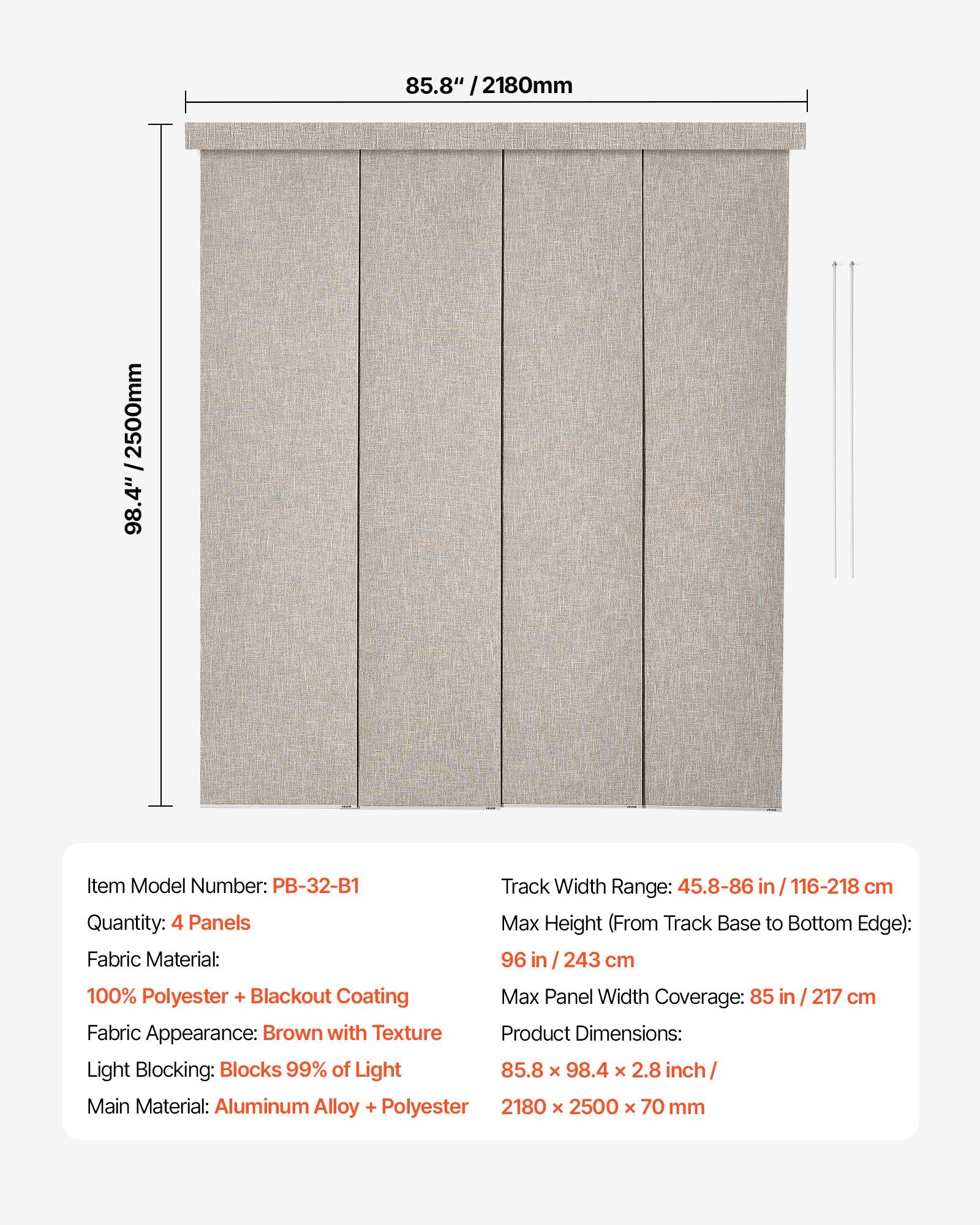 Brown Vertical Blackout Panel Track Blinds for Sliding & Patio Doors, Adjustable Width & Height, Room Divider, Full Light Block Curtains