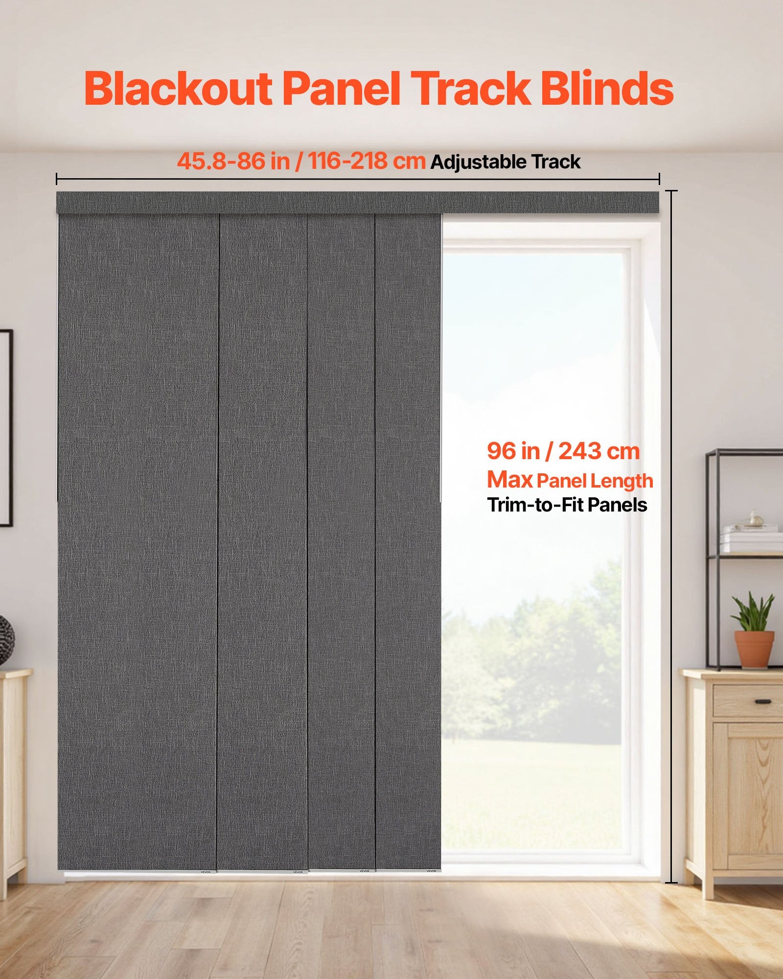 Adjustable Blackout Panel Track Blinds, Dark Gray - Trimmable to 96" Height, 86" Width for Sliding Doors, Patio, Room Divider, Full Light Block