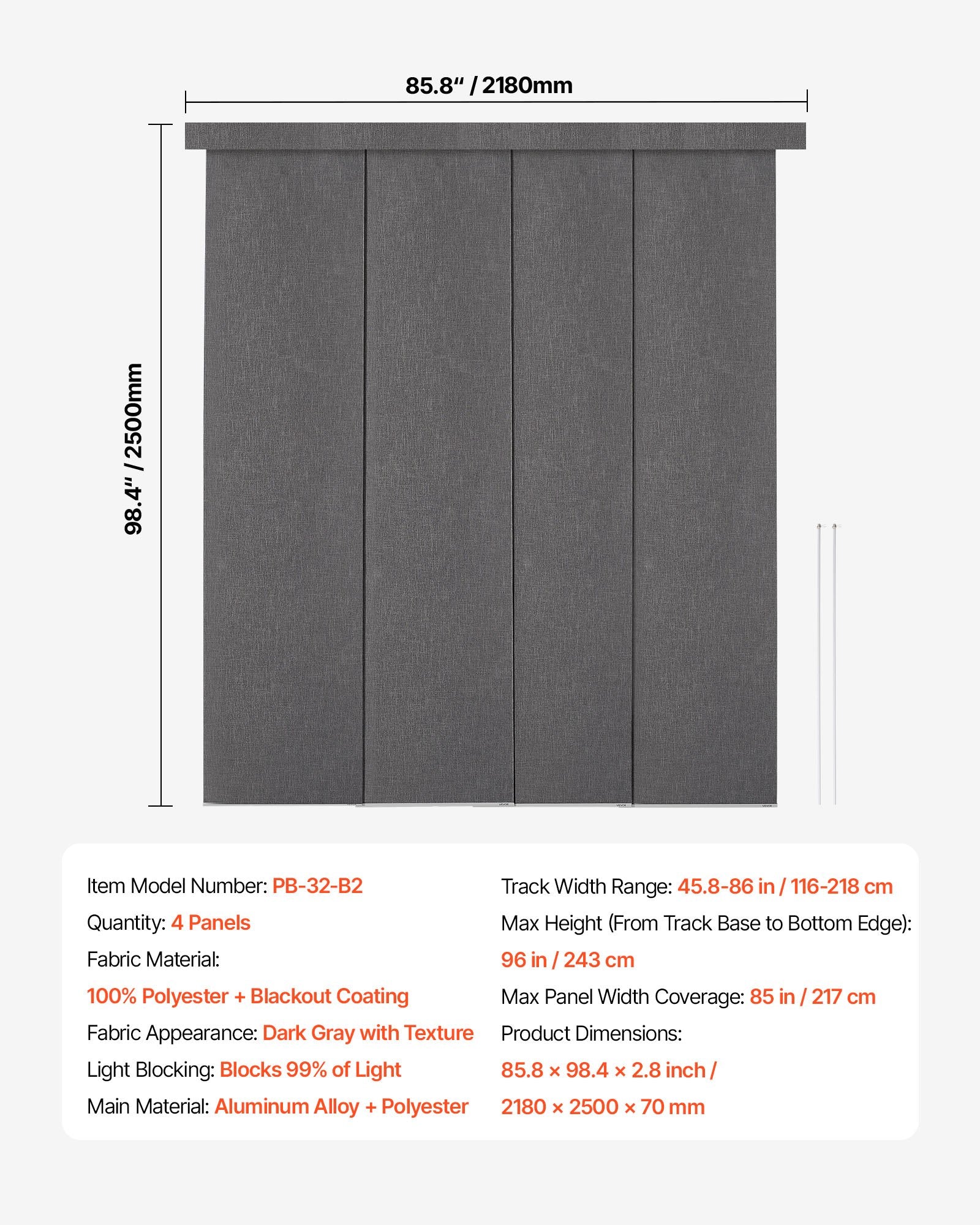Adjustable Blackout Panel Track Blinds, Dark Gray - Trimmable to 96" Height, 86" Width for Sliding Doors, Patio, Room Divider, Full Light Block