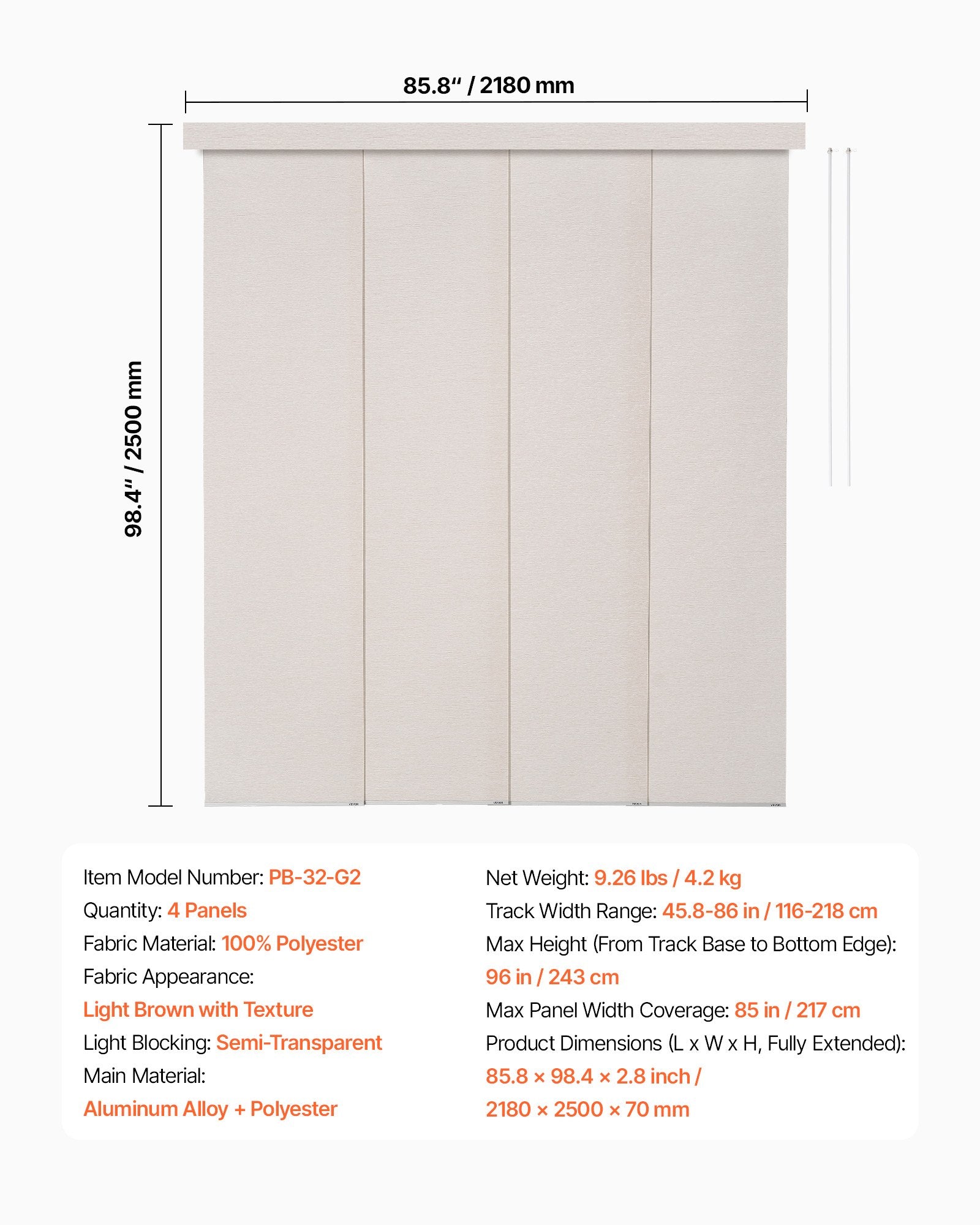 Adjustable Panel Track Blinds for Sliding and Patio Doors, Light Brown, Extendable and Trimmable Curtains for Room Divider, 45.8-86in Width, 96in Height