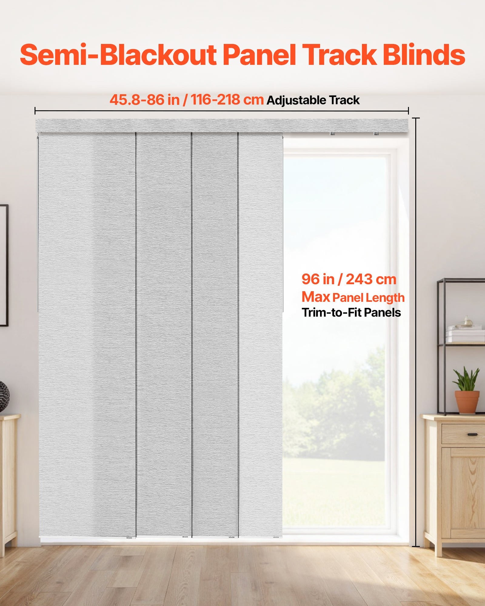 Gray Panel Track Blinds for Sliding Doors & Patio - Adjustable, Trimmable Curtains for Windows & Room Dividers, 86" Wide, 96" High