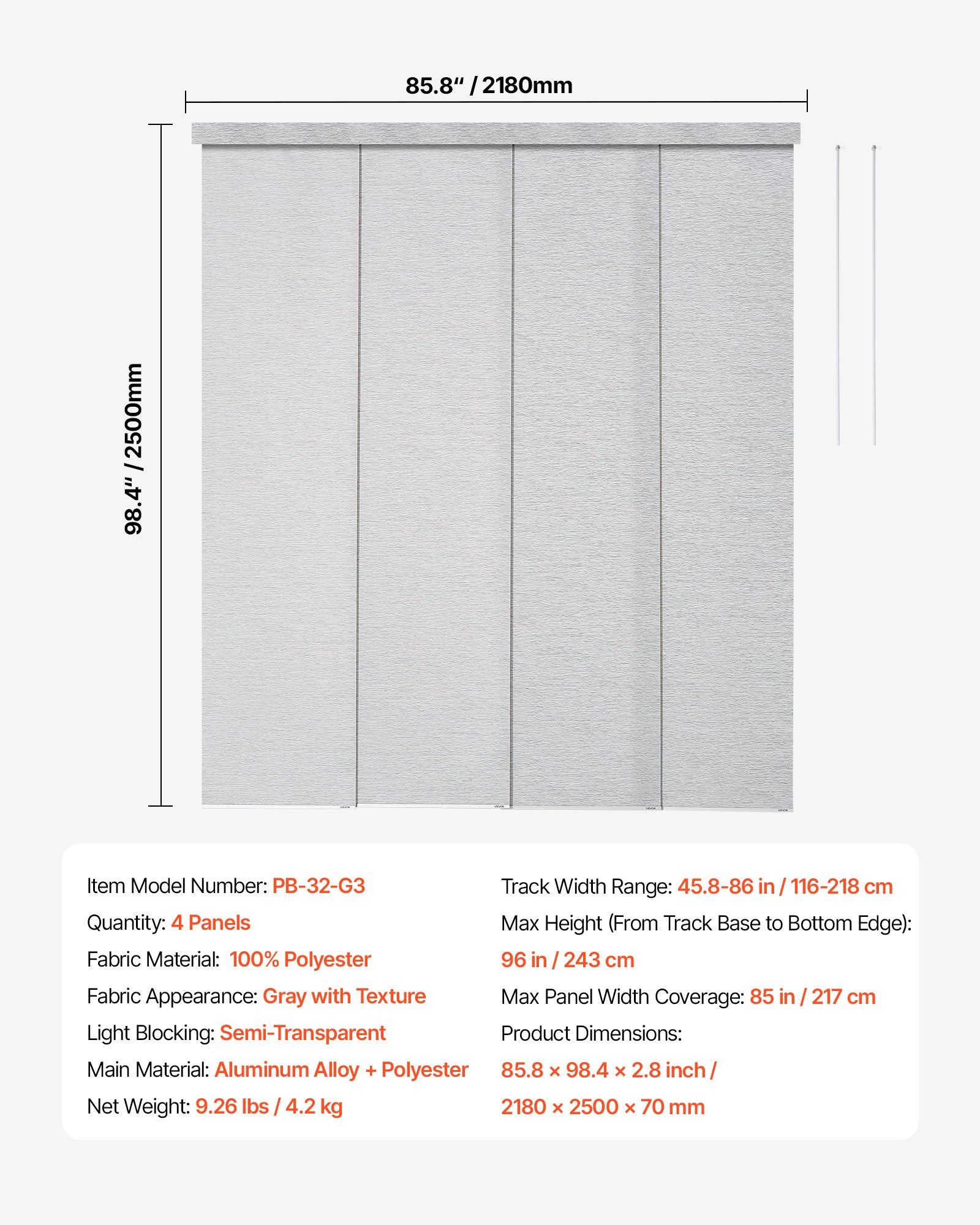 Gray Panel Track Blinds for Sliding Doors & Patio - Adjustable, Trimmable Curtains for Windows & Room Dividers, 86" Wide, 96" High