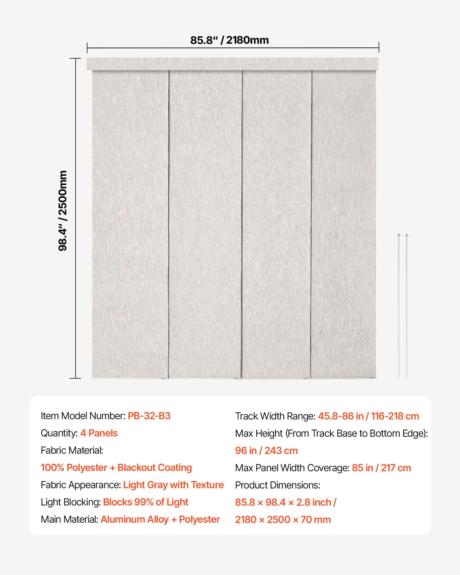 Adjustable Panel Track Blinds, Blackout Curtains for Sliding and Patio Doors, 45.8-86 in Wide, 96 in Tall, Light Gray, Room Divider
