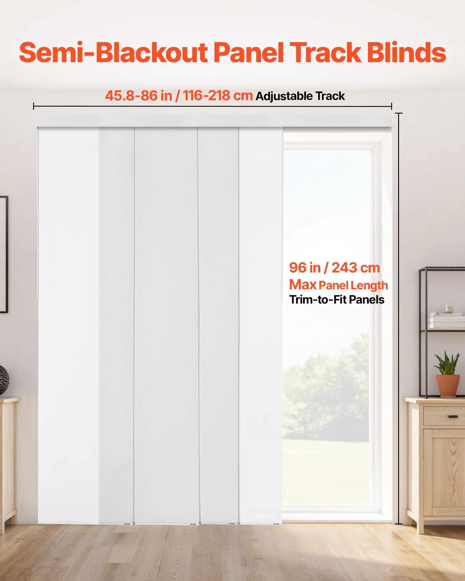 Versatile Panel Track Blinds for Sliding & Patio Doors, Adjustable Vertical Curtains, Trimmable Panels, Room Divider, Semi-Transparent, White