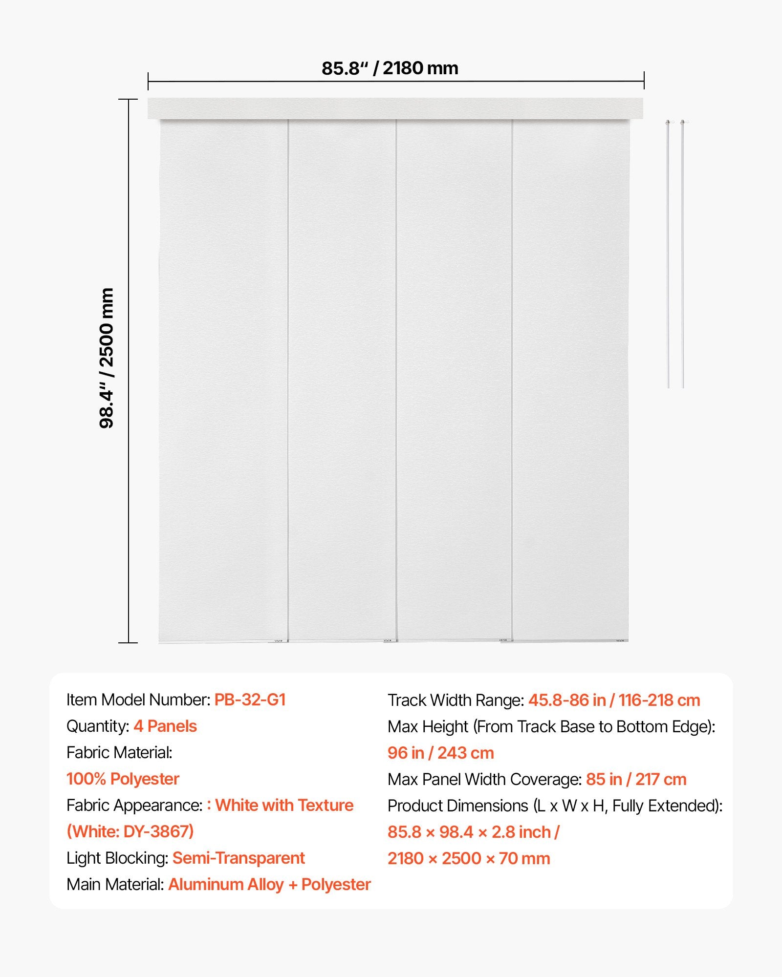 Versatile Panel Track Blinds for Sliding & Patio Doors, Adjustable Vertical Curtains, Trimmable Panels, Room Divider, Semi-Transparent, White