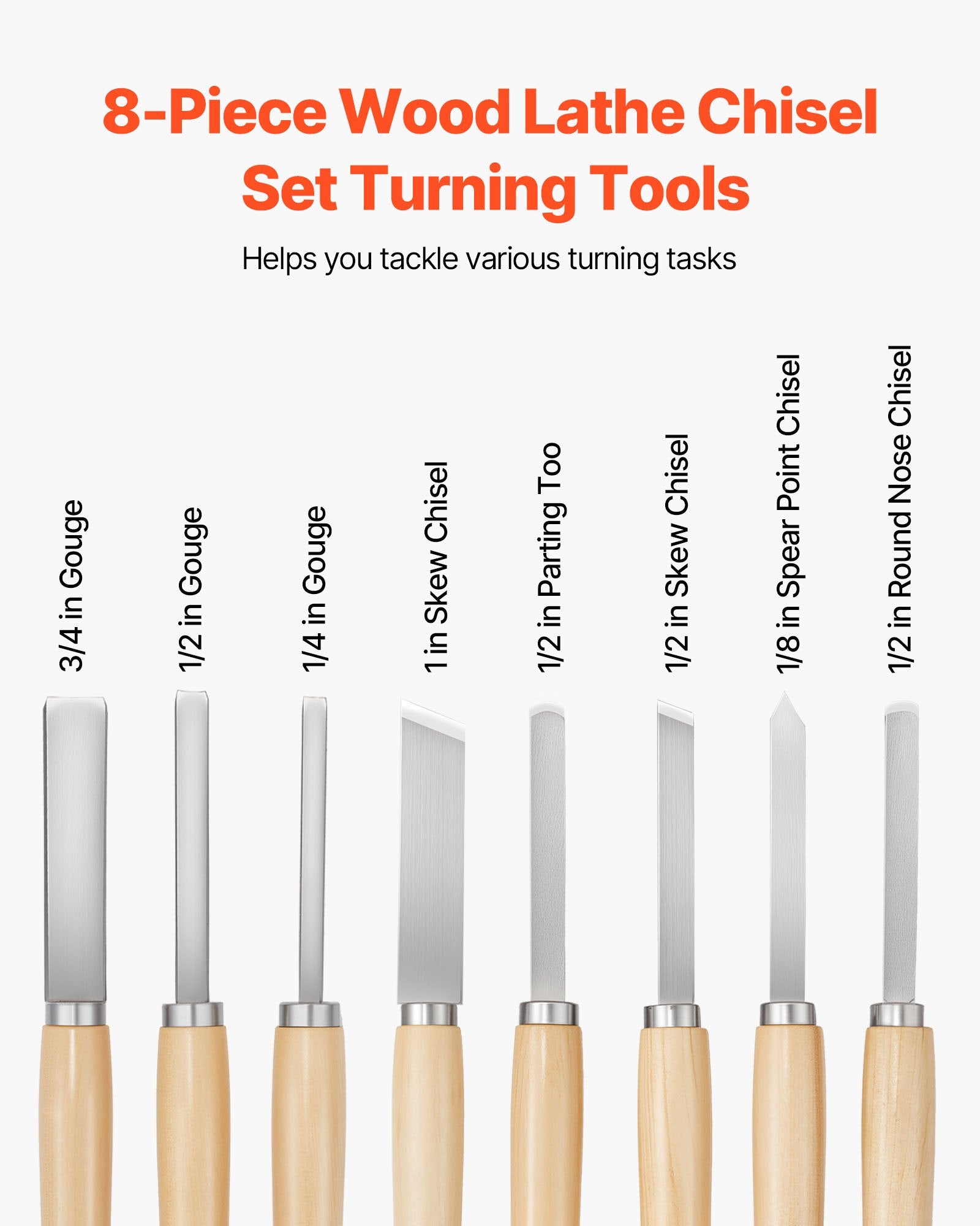 8-Piece Wood Lathe Turning Chisel Set with Carbon Steel Blades, Includes Skew, Spear, Gouge Tools in Oxford Bag, Ideal for Beginners & Professionals
