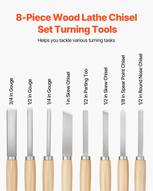 8-Piece Wood Lathe Turning Chisel Set with Carbon Steel Blades, Includes Skew, Spear, Gouge Tools in Oxford Bag, Ideal for Beginners & Professionals