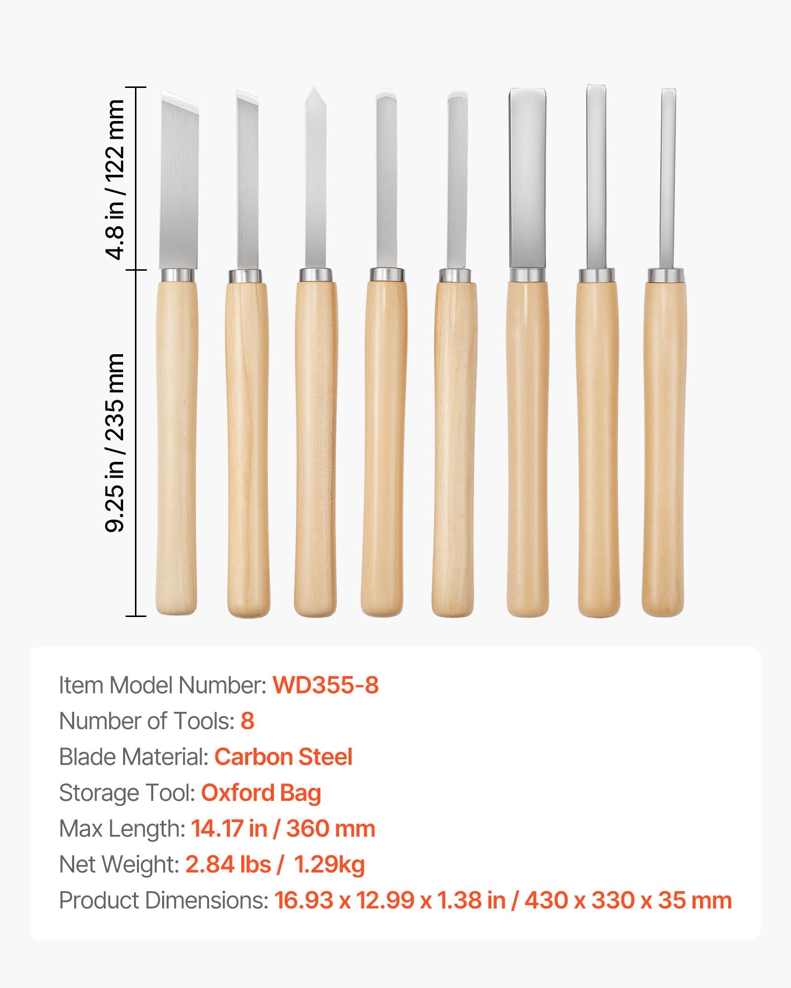 8-Piece Wood Lathe Turning Chisel Set with Carbon Steel Blades, Includes Skew, Spear, Gouge Tools in Oxford Bag, Ideal for Beginners & Professionals