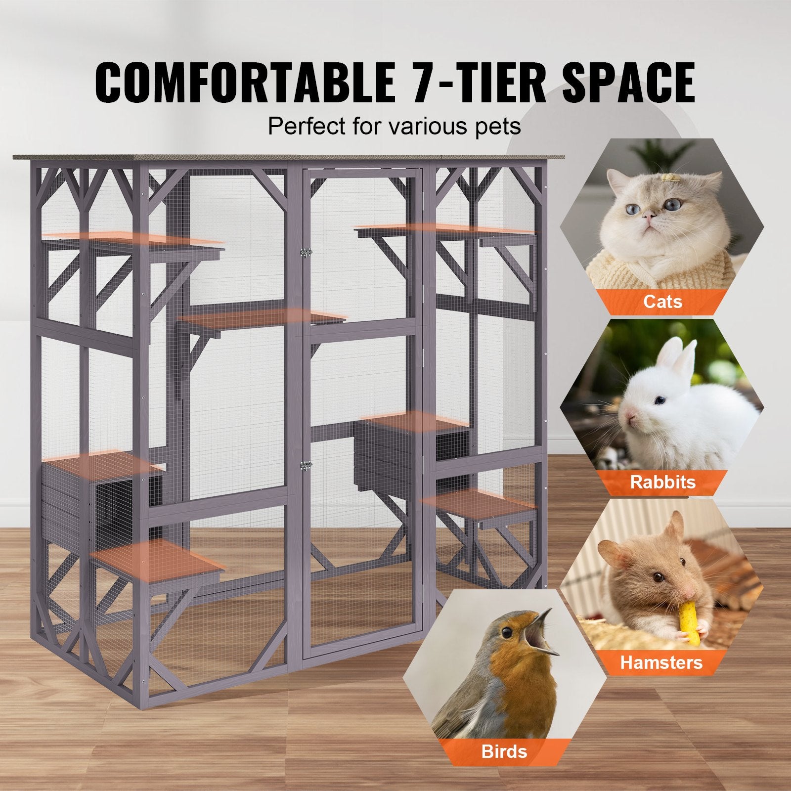 Spacious 7-Tier Outdoor Cat Enclosure with Resting Boxes, Platforms, and Large Front Door for Indoor/Outdoor Use, 71.2"x34.6"x66.5"