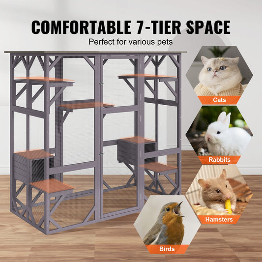 Spacious 7-Tier Outdoor Cat Enclosure with Resting Boxes, Platforms, and Large Front Door for Indoor/Outdoor Use, 71.2"x34.6"x66.5"