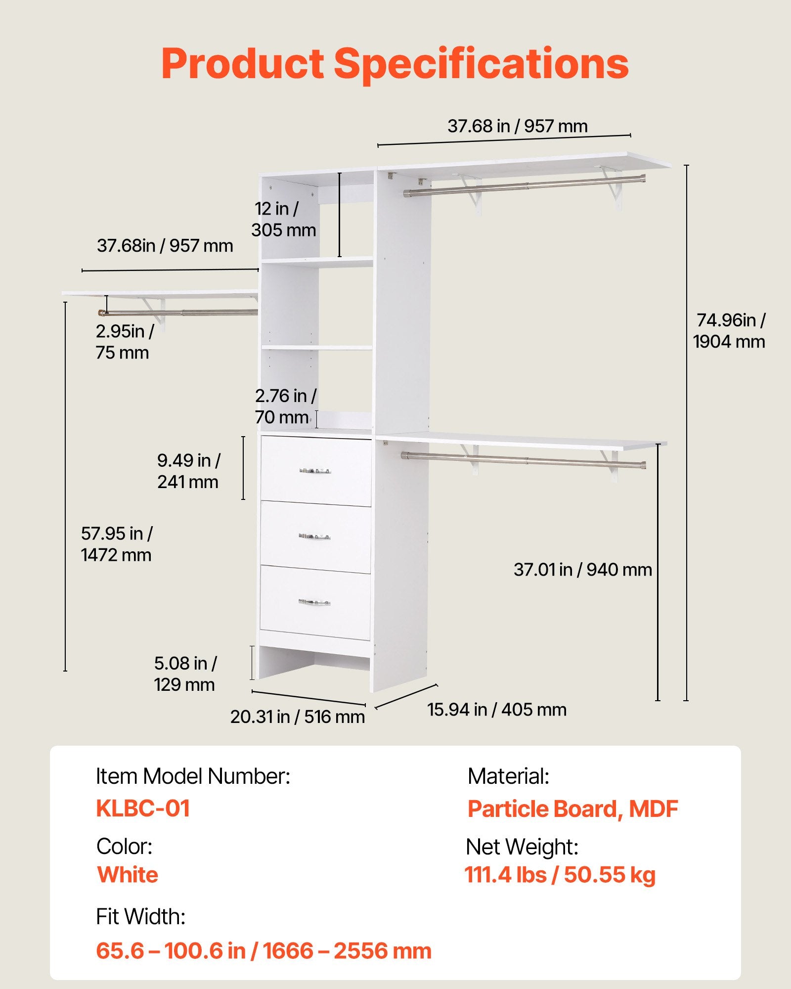 Modern Freestanding Closet System with 3 Drawers, Adjustable Height, Retractable Hanger Rods, Walk-in Wardrobe Organizer, White Finish