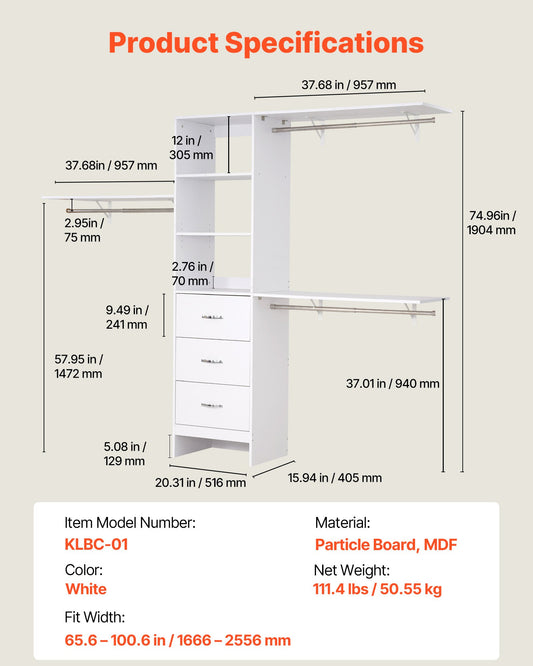 Modern Freestanding Closet System with 3 Drawers, Adjustable Height, Retractable Hanger Rods, Walk-in Wardrobe Organizer, White Finish