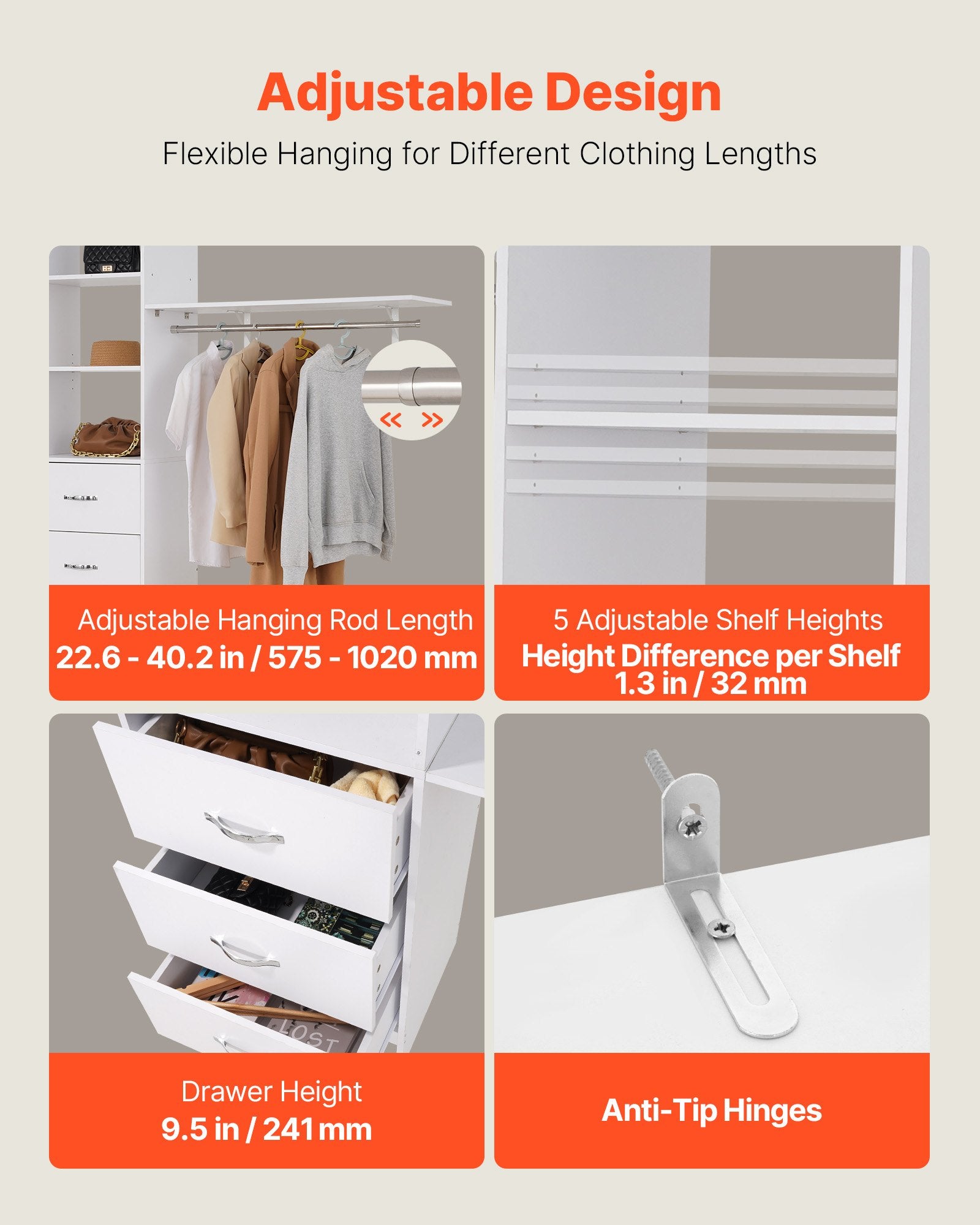 Modern Freestanding Closet System with 3 Drawers, Adjustable Height, Retractable Hanger Rods, Walk-in Wardrobe Organizer, White Finish