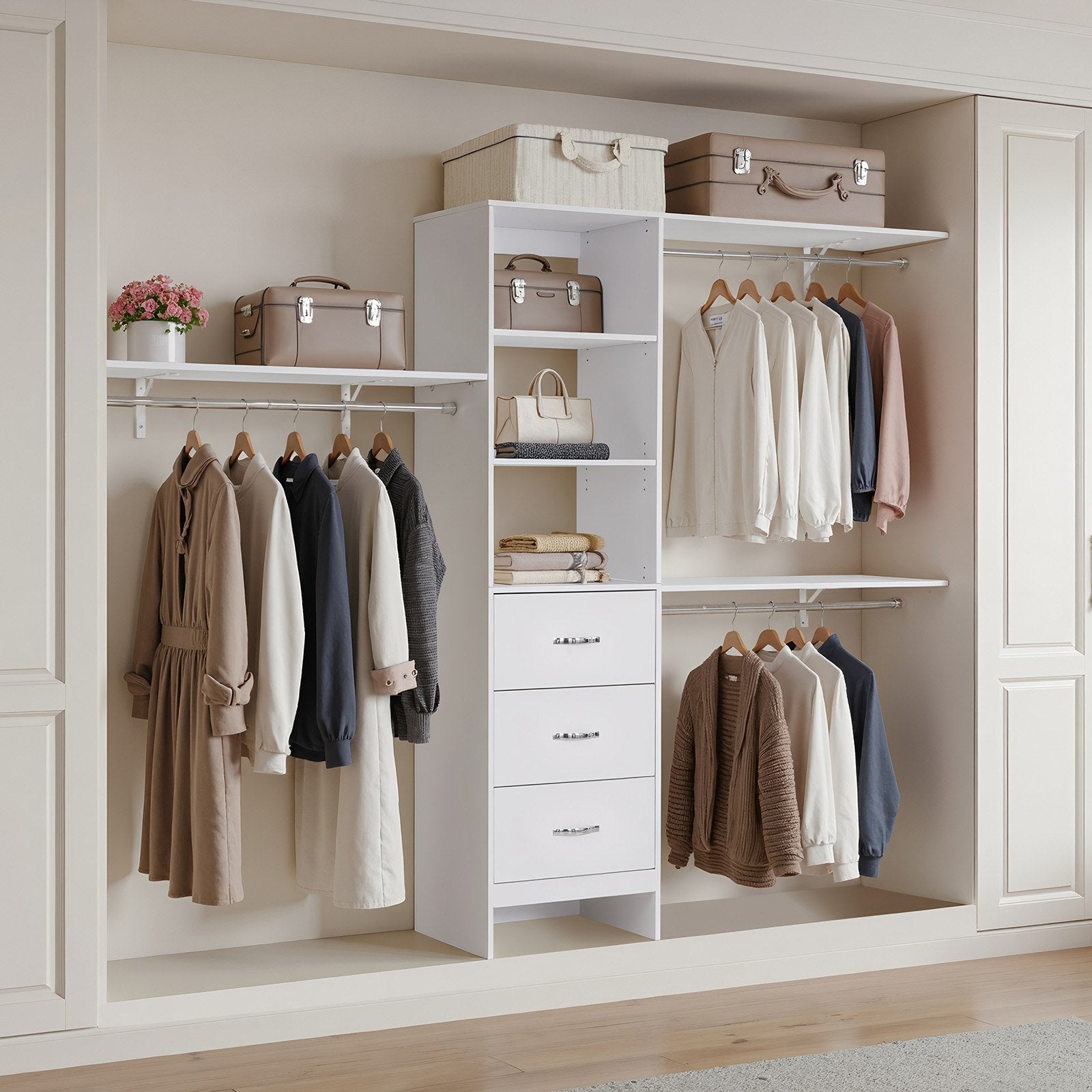 Modern Freestanding Closet System with 3 Drawers, Adjustable Height, Retractable Hanger Rods, Walk-in Wardrobe Organizer, White Finish