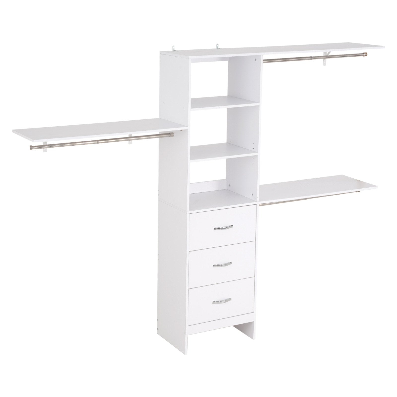 Modern Freestanding Closet System with 3 Drawers, Adjustable Height, Retractable Hanger Rods, Walk-in Wardrobe Organizer, White Finish