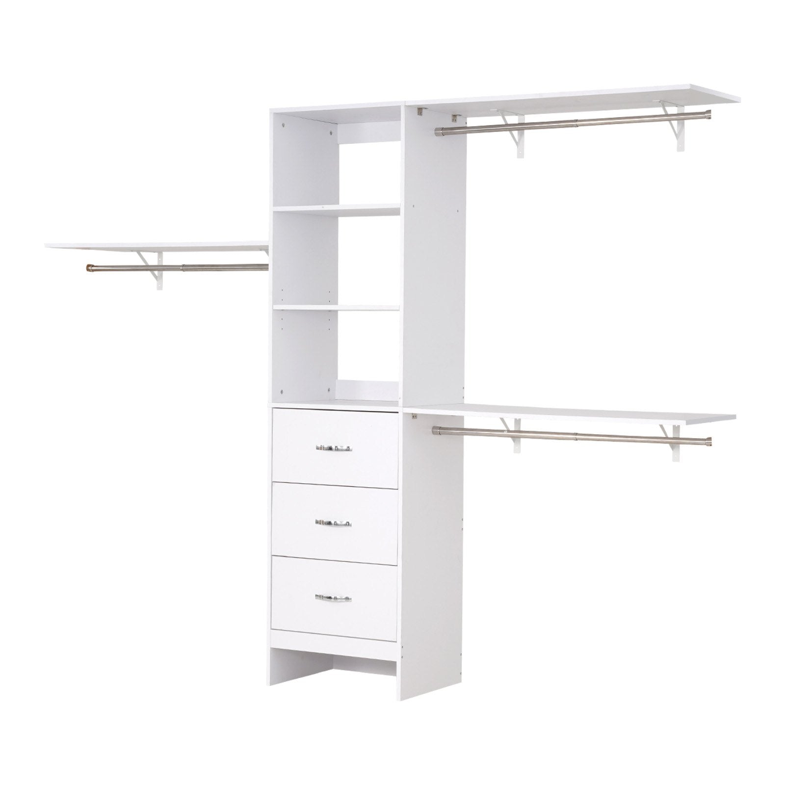 Modern Freestanding Closet System with 3 Drawers, Adjustable Height, Retractable Hanger Rods, Walk-in Wardrobe Organizer, White Finish