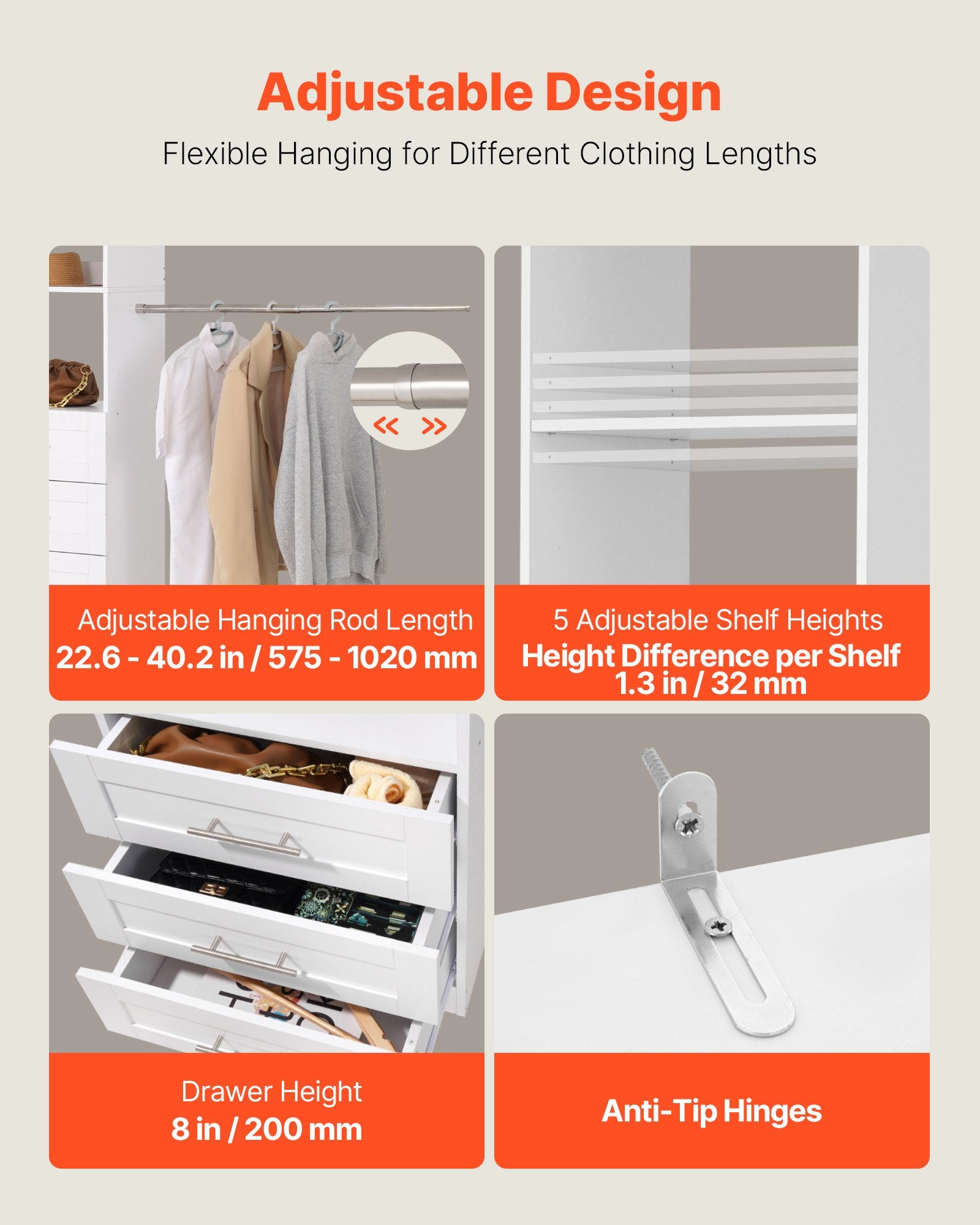 Freestanding White Closet System with Adjustable Shelves, 3 Drawers, Retractable Hanger Rods, Modern Walk-in Wardrobe Organizer, Expandable Garment Storage Solution