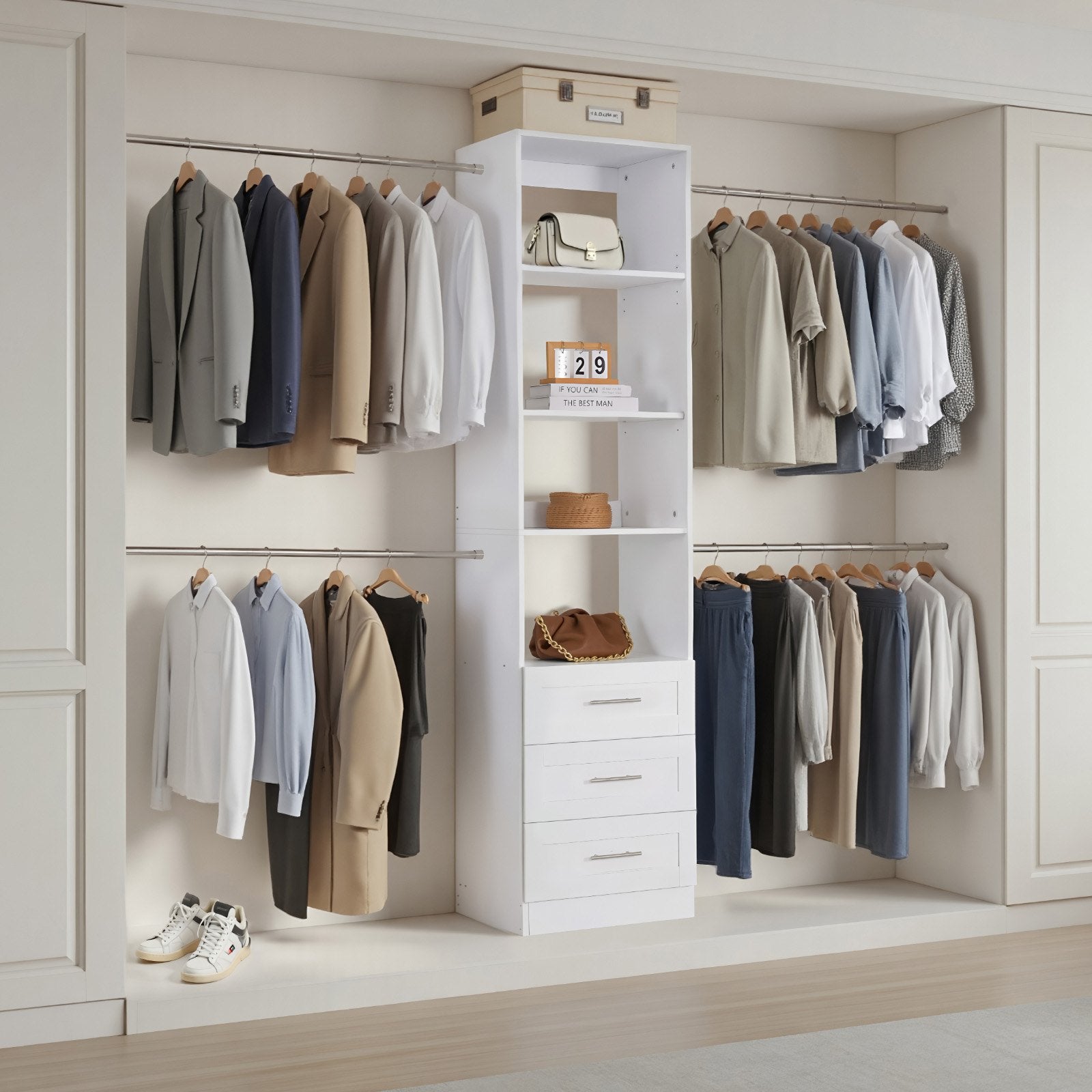 Freestanding White Closet System with Adjustable Shelves, 3 Drawers, Retractable Hanger Rods, Modern Walk-in Wardrobe Organizer, Expandable Garment Storage Solution