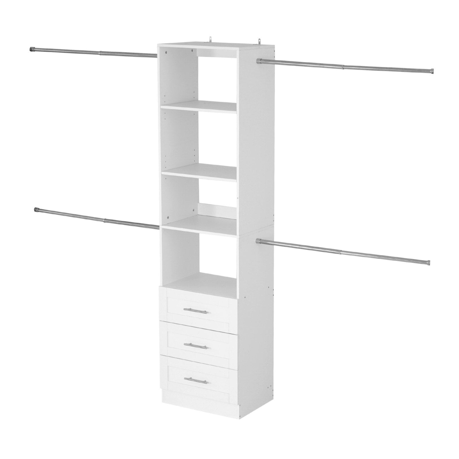 Freestanding White Closet System with Adjustable Shelves, 3 Drawers, Retractable Hanger Rods, Modern Walk-in Wardrobe Organizer, Expandable Garment Storage Solution