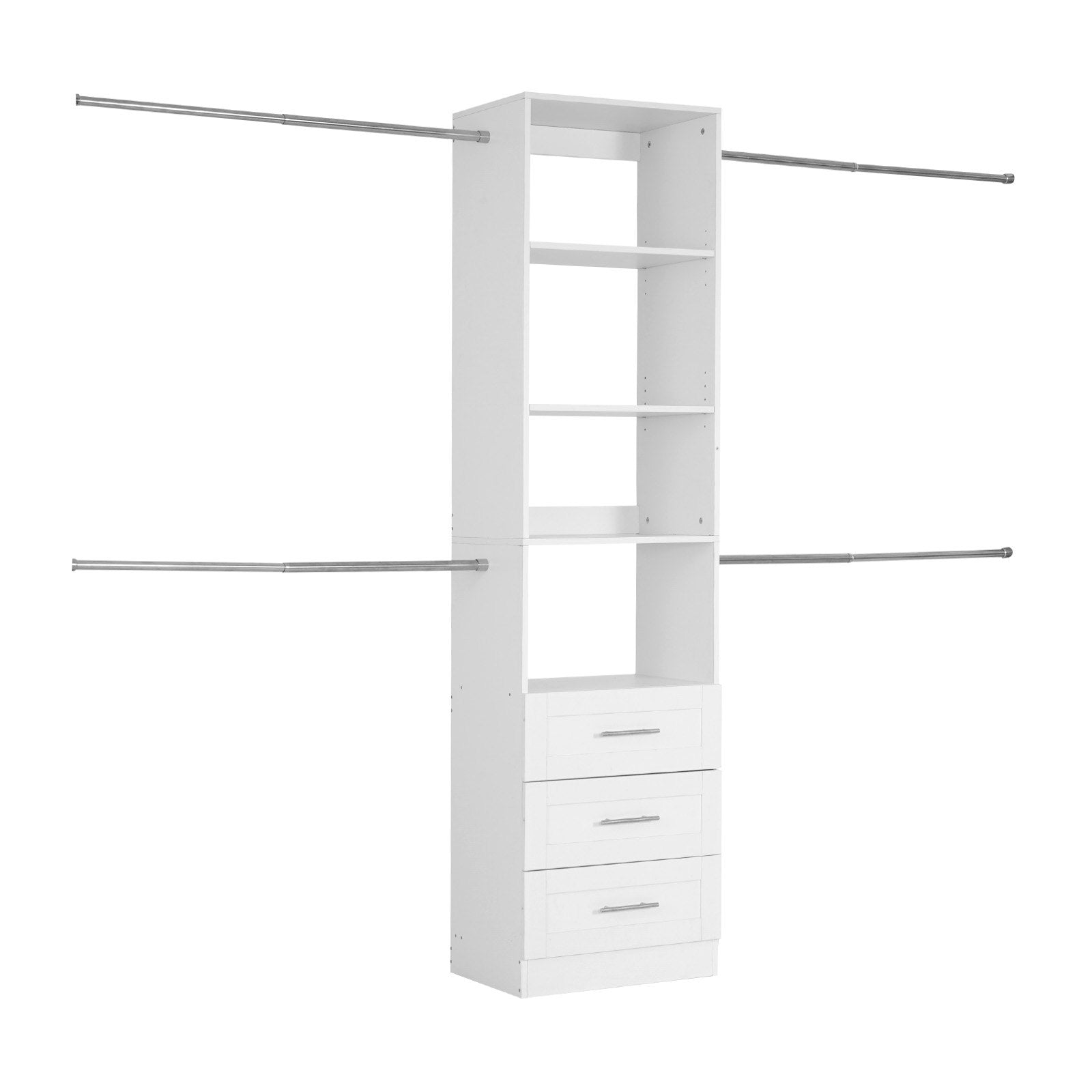 Freestanding White Closet System with Adjustable Shelves, 3 Drawers, Retractable Hanger Rods, Modern Walk-in Wardrobe Organizer, Expandable Garment Storage Solution