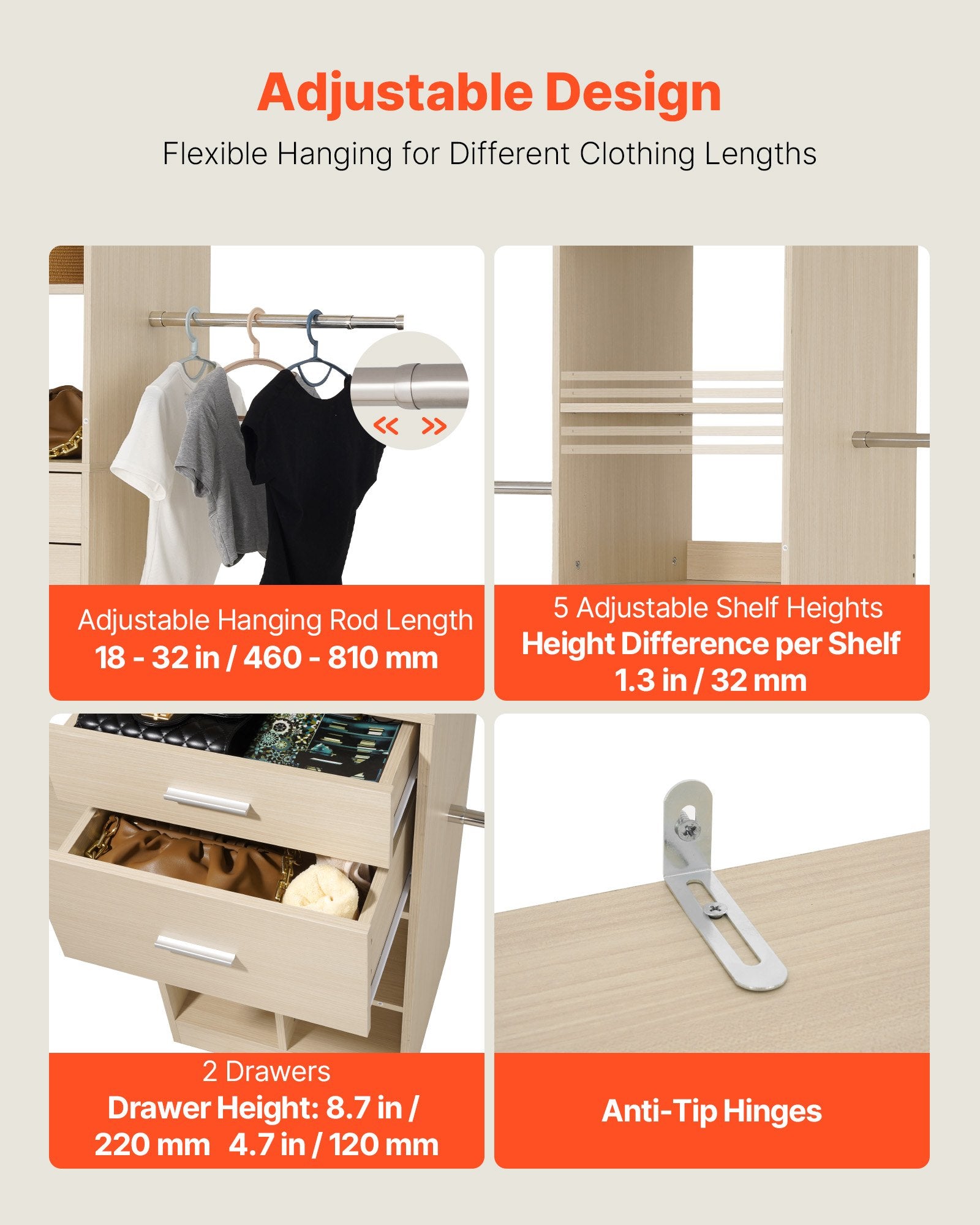 Freestanding Modern Grey Wardrobe Organizer with 2 Drawers, 5 Retractable Rods, Adjustable Height, and Walk-in Closet System