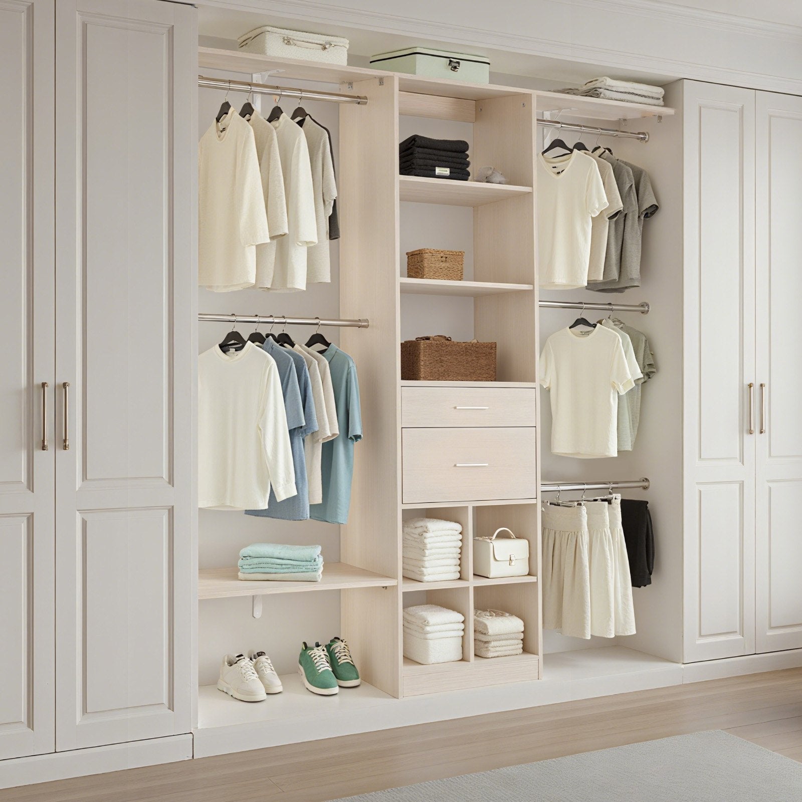 Freestanding Modern Grey Wardrobe Organizer with 2 Drawers, 5 Retractable Rods, Adjustable Height, and Walk-in Closet System