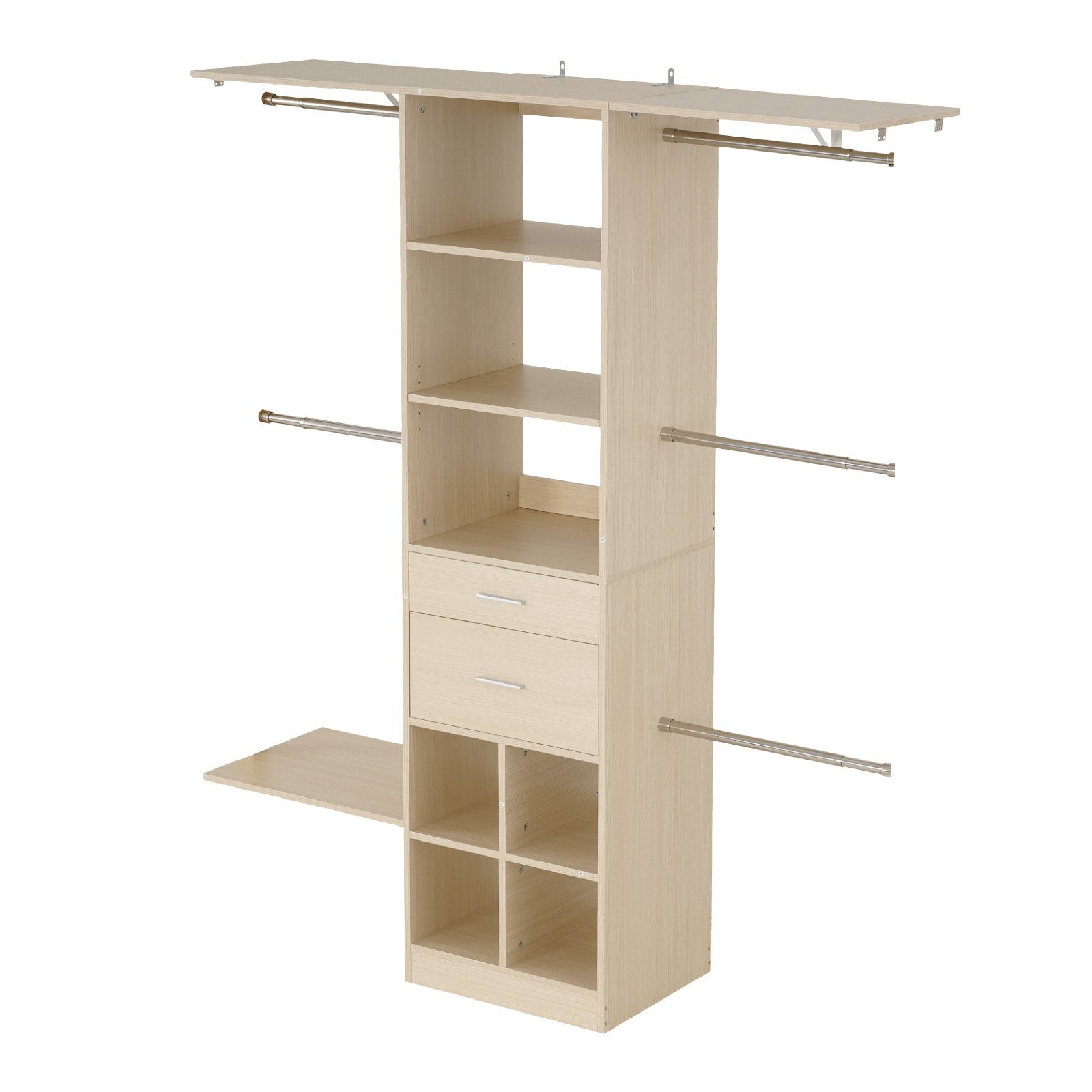 Freestanding Modern Grey Wardrobe Organizer with 2 Drawers, 5 Retractable Rods, Adjustable Height, and Walk-in Closet System